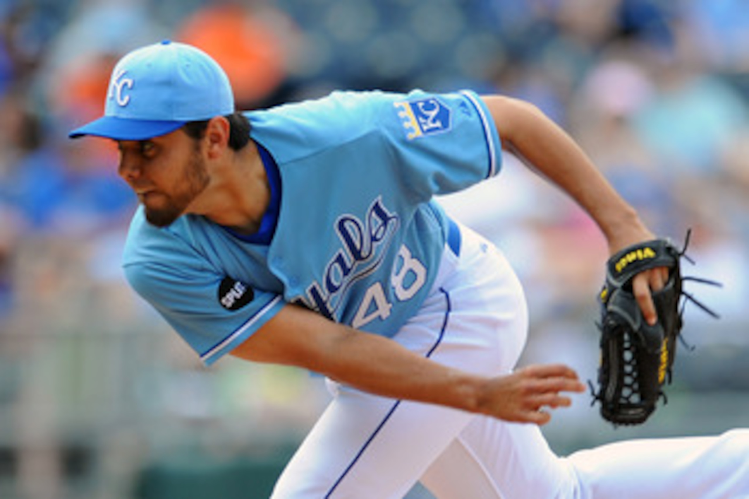 KANSAS CITY, MO - JUNE 9:  Joakim Soria #48 of the Kansas City Royals throws a pitch in the ninth inning against the Toronto Blue Jays at Kauffman Stadium on June 9, 2011 in Kansas City, Missouri. The Royals defeated the Blue Jays 3-2. (Photo by G. Newman