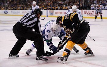 BOSTON, MA - JUNE 08:  Maxim Lapierre #40 of the Vancouver Canucks faces off agianst Patrice Bergeron #37 of the Boston Bruins during Game Four of the 2011 NHL Stanley Cup Final at TD Garden on June 8, 2011 in Boston, Massachusetts.  (Photo by Harry How/G