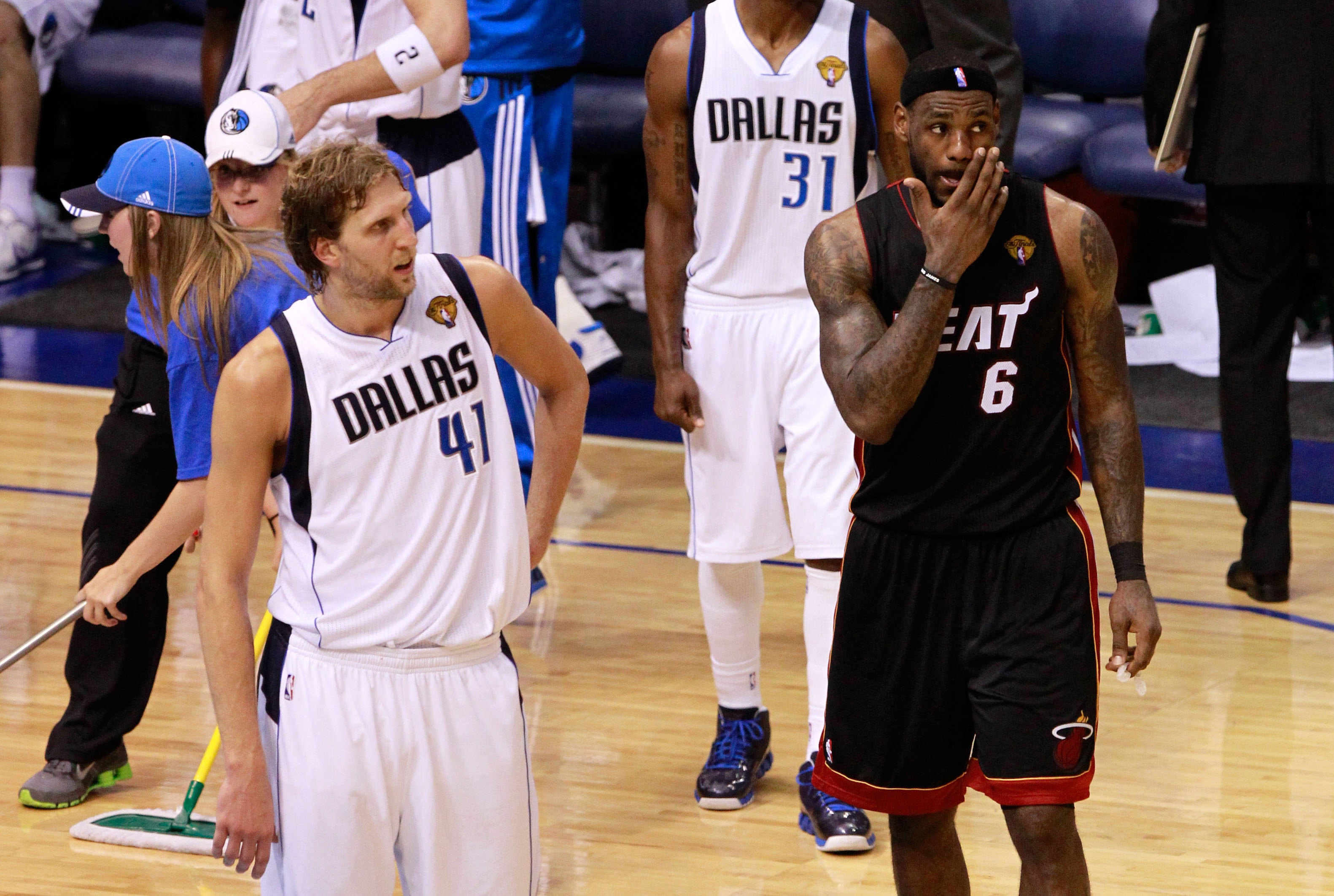 DALLAS, TX - JUNE 09:  Dirk Nowitzki #41 of the Dallas Mavericks and LeBron James #6 of the Miami Heat look on in Game Five of the 2011 NBA Finals at American Airlines Center on June 9, 2011 in Dallas, Texas.  NOTE TO USER: User expressly acknowledges and