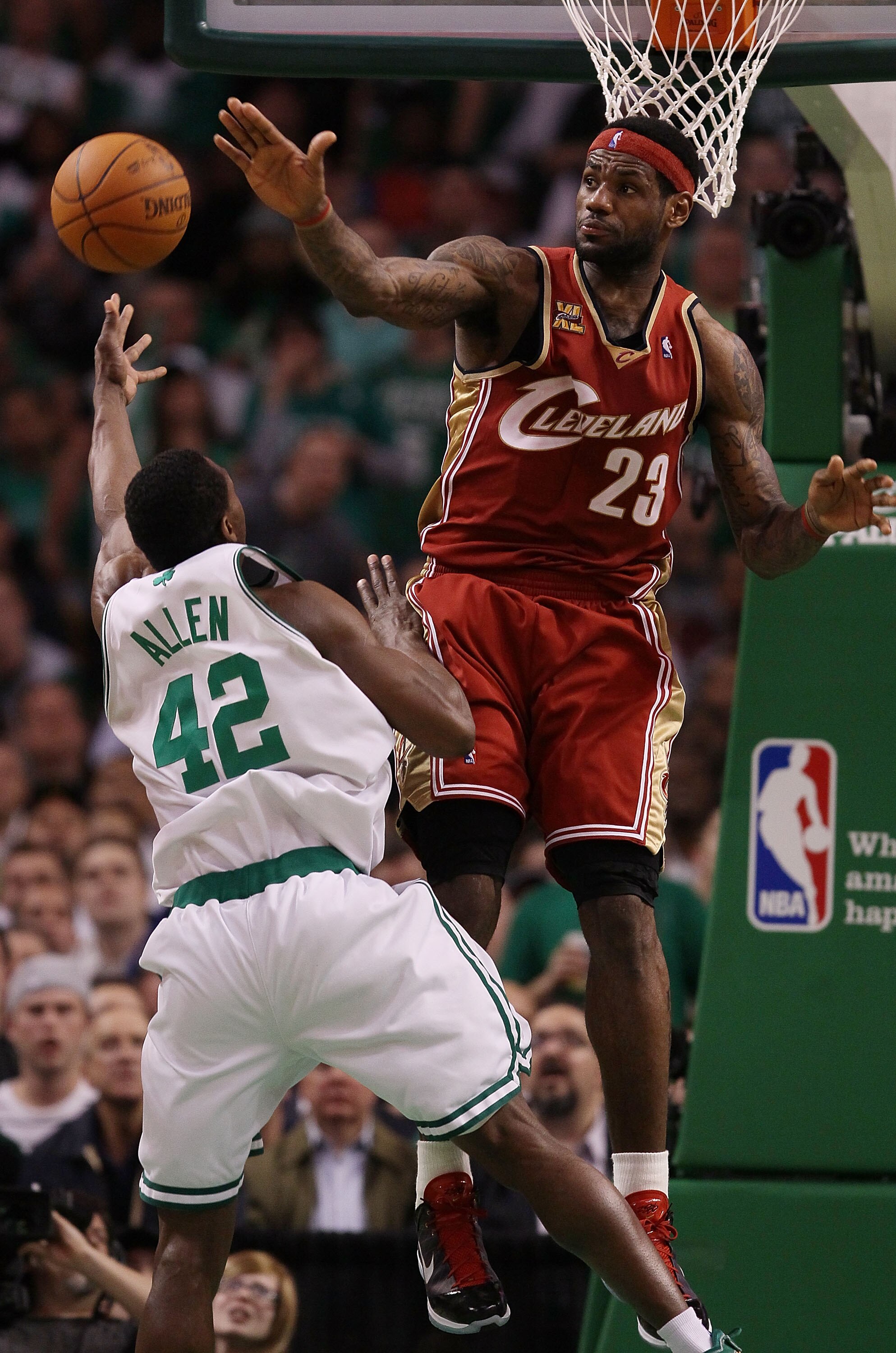 BOSTON - MAY 13:  LeBron James #23 of the Cleveland Cavaliers tries to block a shot by Tony Allen #42 of the Boston Celtics during Game Six of the Eastern Conference Semifinals of the 2010 NBA playoffs at TD Garden on May 13, 2010 in Boston, Massachusetts