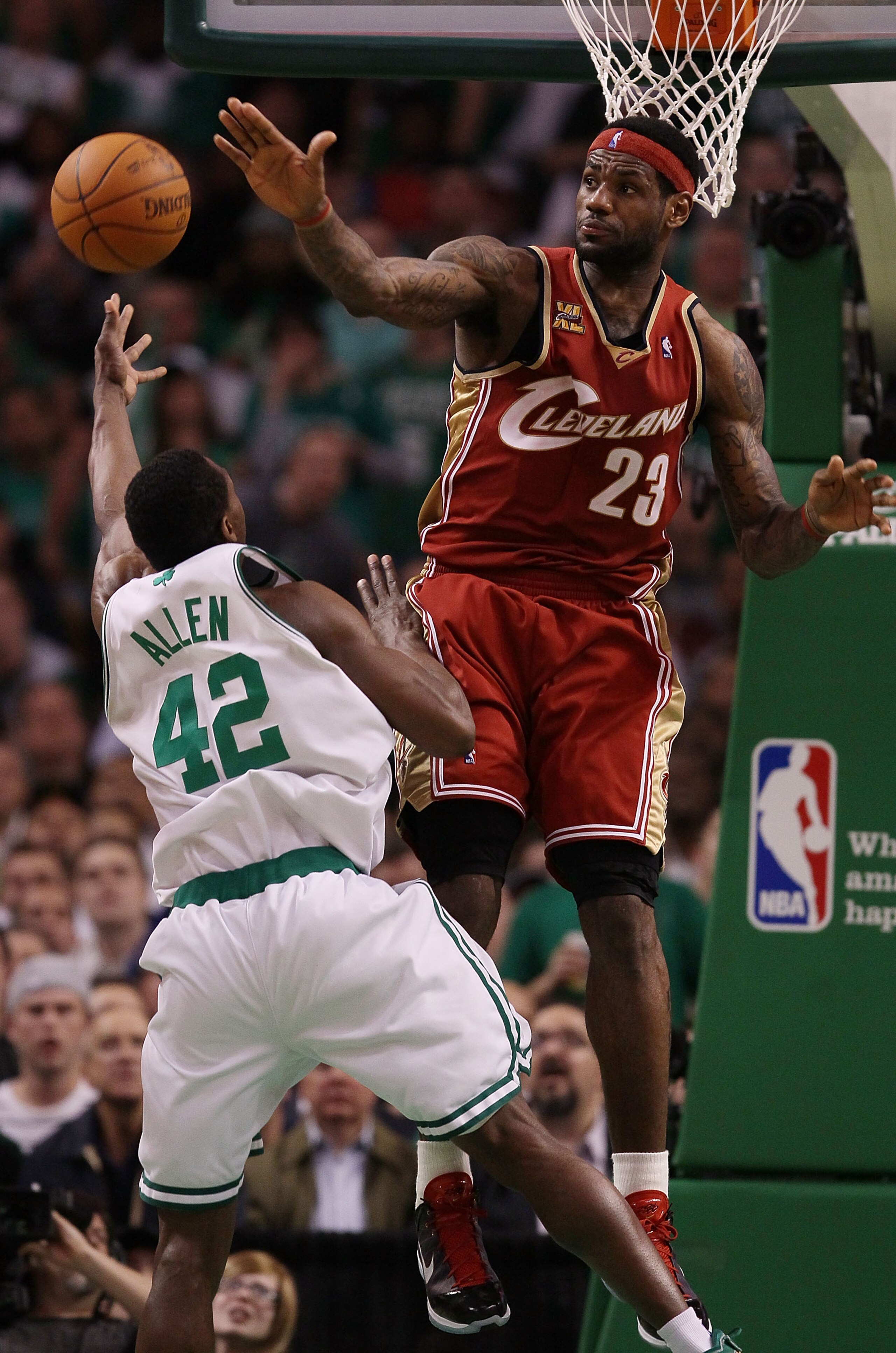 BOSTON - MAY 13:  LeBron James #23 of the Cleveland Cavaliers tries to block a shot by Tony Allen #42 of the Boston Celtics during Game Six of the Eastern Conference Semifinals of the 2010 NBA playoffs at TD Garden on May 13, 2010 in Boston, Massachusetts