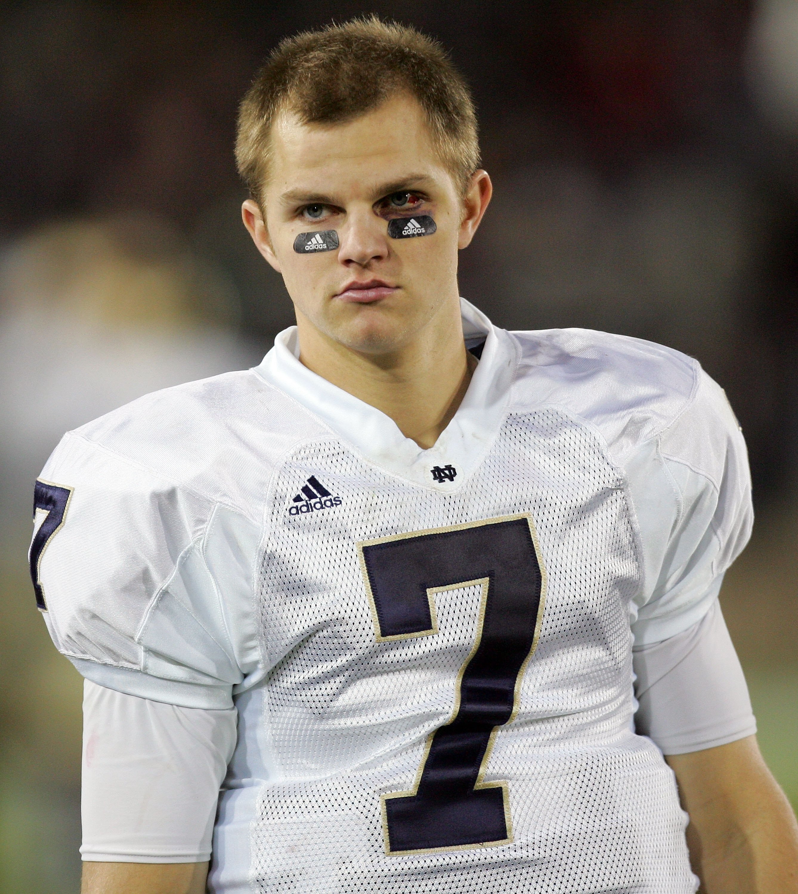 PALO ALTO, CA - NOVEMBER 28:  Jimmy Clausen #7 of the Notre Dame Fighting Irish walks the sideline during their game against the Stanford Cardinal at Stanford Stadium on November 28, 2009 in Palo Alto, California.  (Photo by Ezra Shaw/Getty Images)