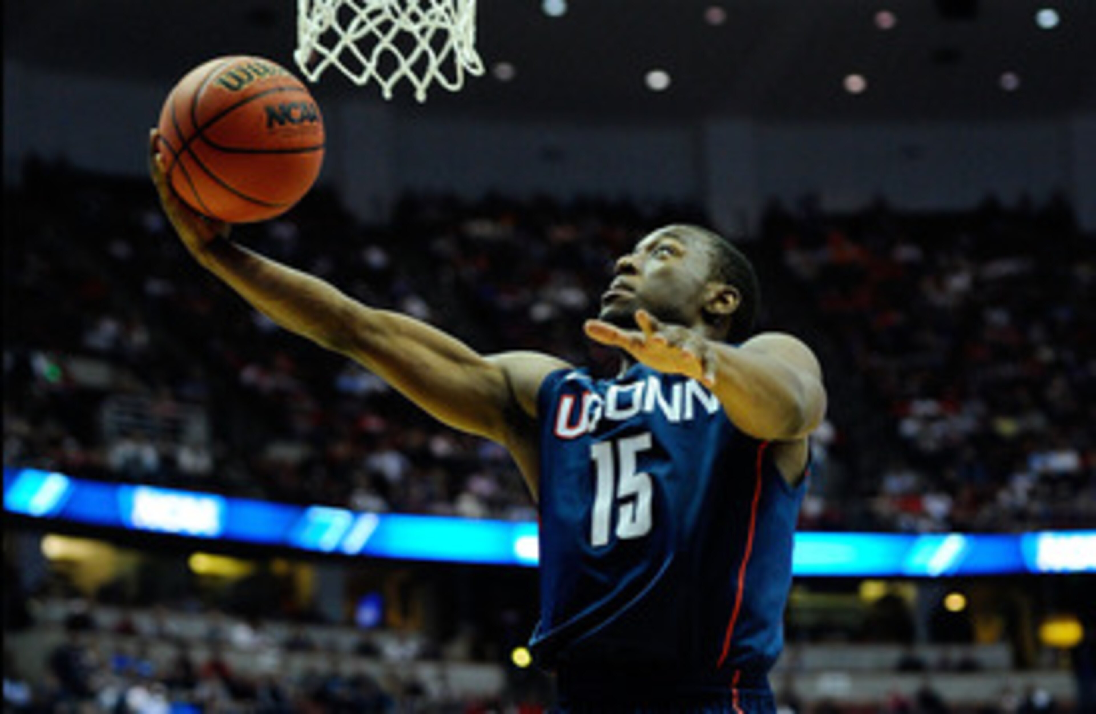 ANAHEIM, CA - MARCH 24:  Kemba Walker #15 of the Connecticut Huskies drives to the basket against the San Diego State Aztecs during the west regional semifinal of the 2011 NCAA men's basketball tournament at the Honda Center on March 24, 2011 in Anaheim,