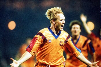 May 1992:  Ronald Koeman celebrates after scoring for Barcelona during the European Cup Final between Barcelona v Sampdoria. Barcelona won 1-0. Mandatory Credit: David Cannon/Getty Images