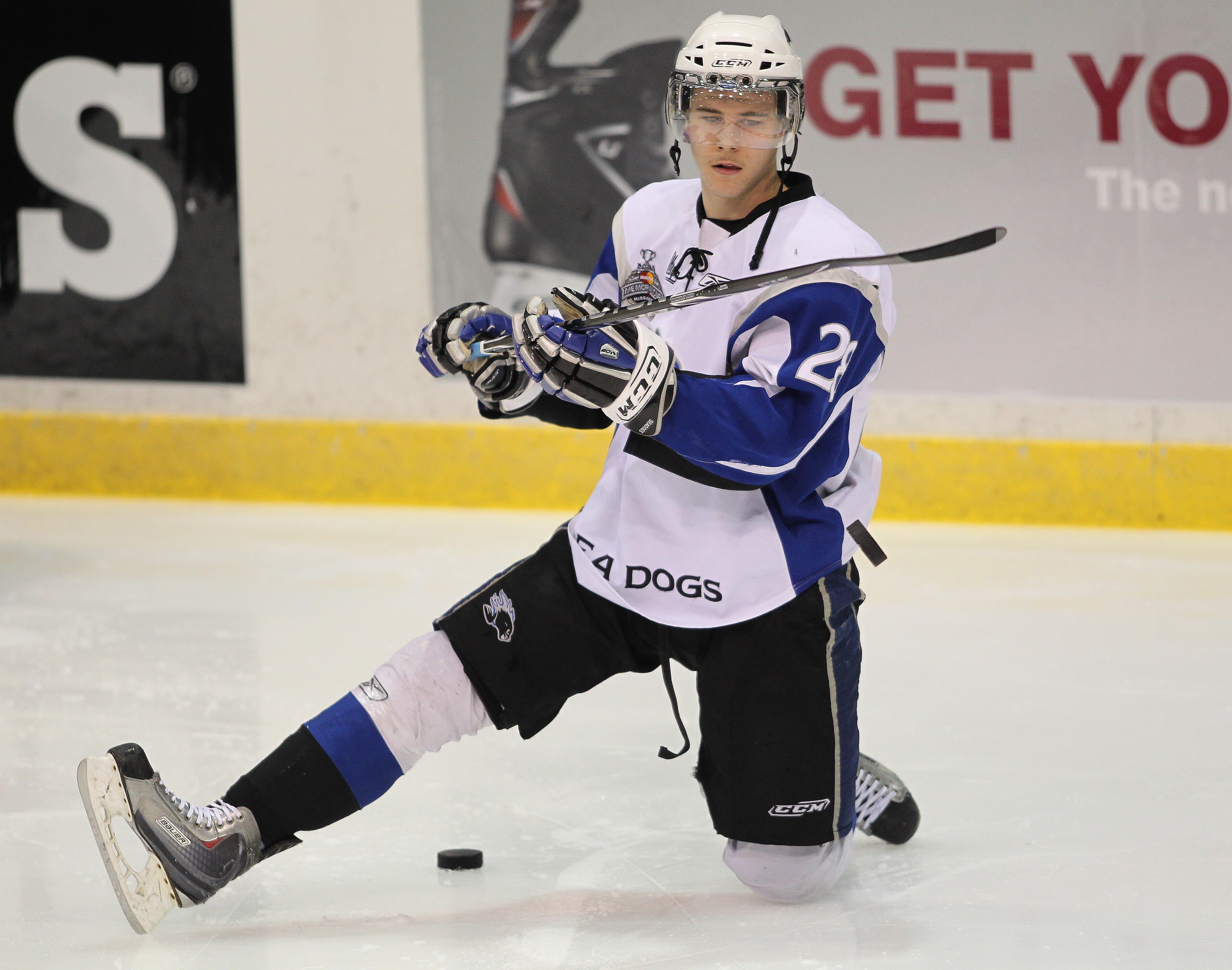 MISSISSAUGA, CANADA - MAY 20:  Nathan Beaulieu #28 of the Saint John Sea Dogs gets ready during the warm-up prior to facing the Mississauga St. Michael's Majors in the opening game of the 2011 Mastercard Memorial Cup at the Hershey Centre in Mississauga,