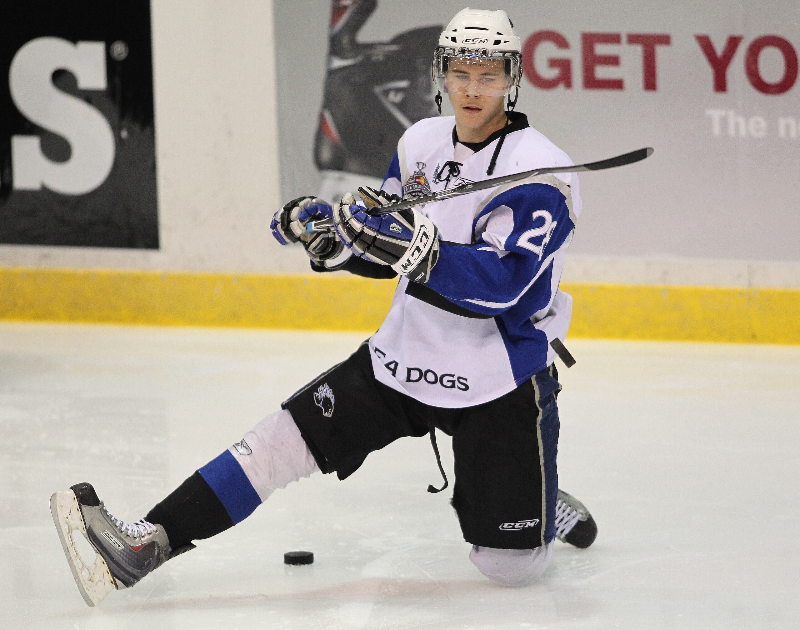MISSISSAUGA, CANADA - MAY 20:  Nathan Beaulieu #28 of the Saint John Sea Dogs gets ready during the warm-up prior to facing the Mississauga St. Michael's Majors in the opening game of the 2011 Mastercard Memorial Cup at the Hershey Centre in Mississauga,