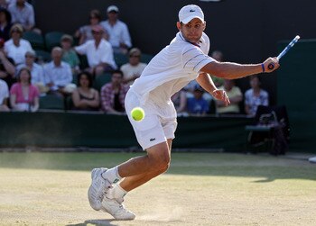 LONDON, ENGLAND - JUNE 28:  Andy Roddick of USA plays a shot during his match against Yen-Hsun Lu of Taipei on Day Seven of the Wimbledon Lawn Tennis Championships at the All England Lawn Tennis and Croquet Club on June 28, 2010 in London, England.  (Phot