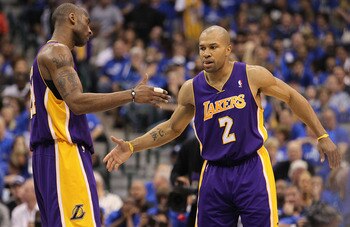 DALLAS, TX - MAY 06:  Guard Kobe Bryant #24 and Derek Fisher #2 of the Los Angeles Lakers react against the Dallas Mavericks in Game Three of the Western Conference Semifinals during the 2011 NBA Playoffs on May 6, 2011 at American Airlines Center in Dall