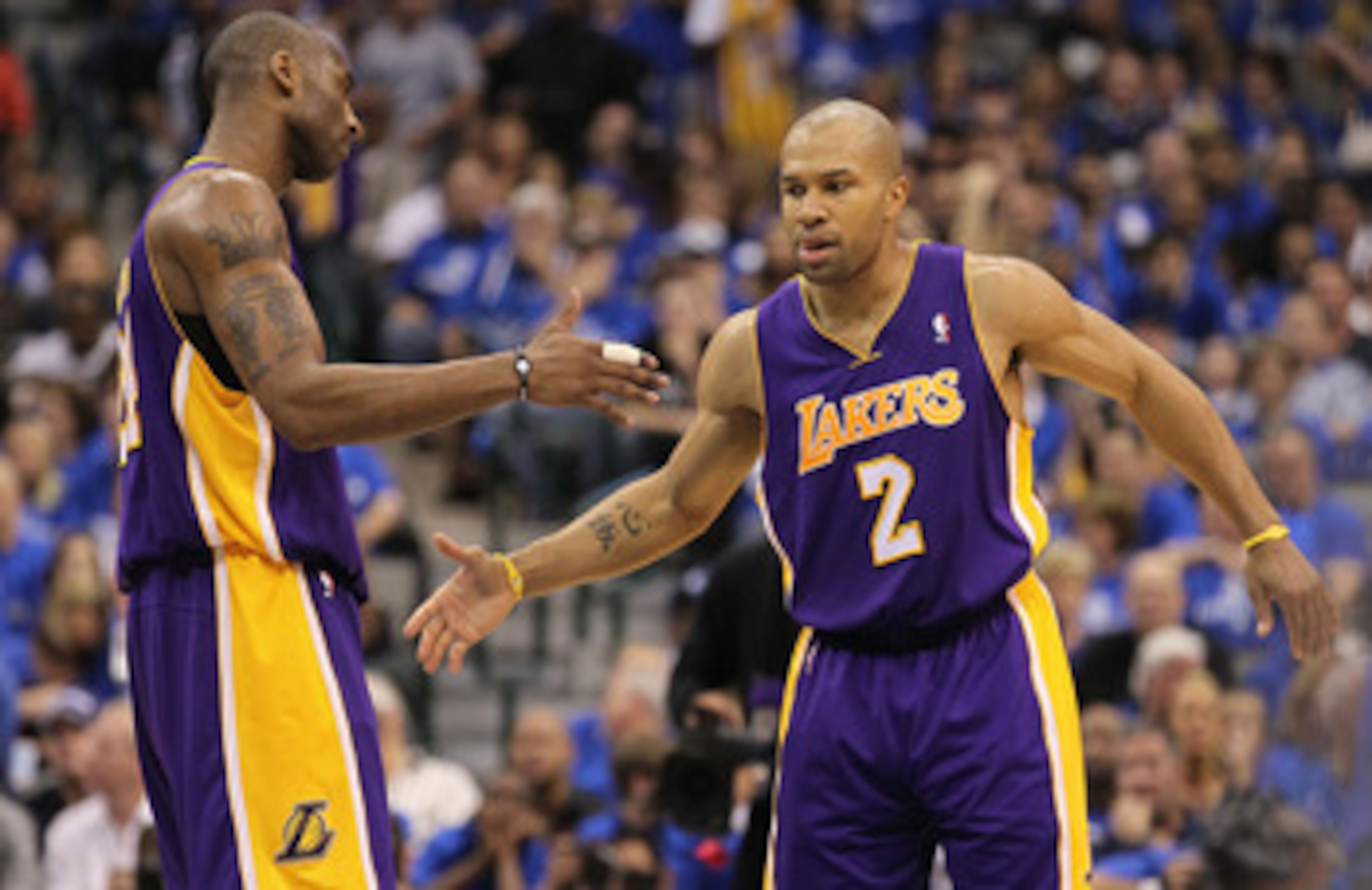DALLAS, TX - MAY 06:  Guard Kobe Bryant #24 and Derek Fisher #2 of the Los Angeles Lakers react against the Dallas Mavericks in Game Three of the Western Conference Semifinals during the 2011 NBA Playoffs on May 6, 2011 at American Airlines Center in Dall