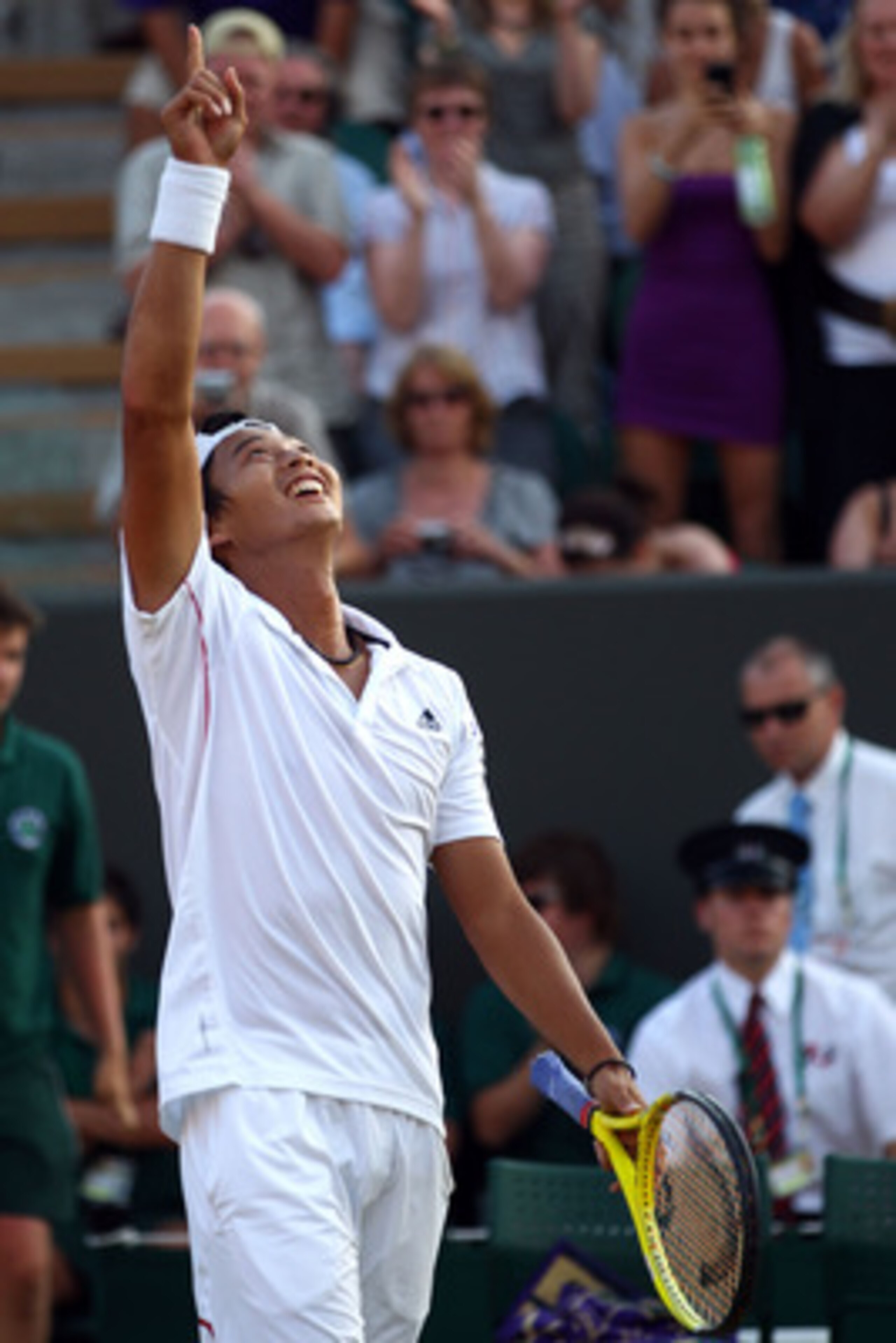 LONDON, ENGLAND - JUNE 28:  Yen-Hsun Lu of Taipei reacts after winning his match against Andy Roddick of USA on Day Seven of the Wimbledon Lawn Tennis Championships at the All England Lawn Tennis and Croquet Club on June 28, 2010 in London, England.  (Pho