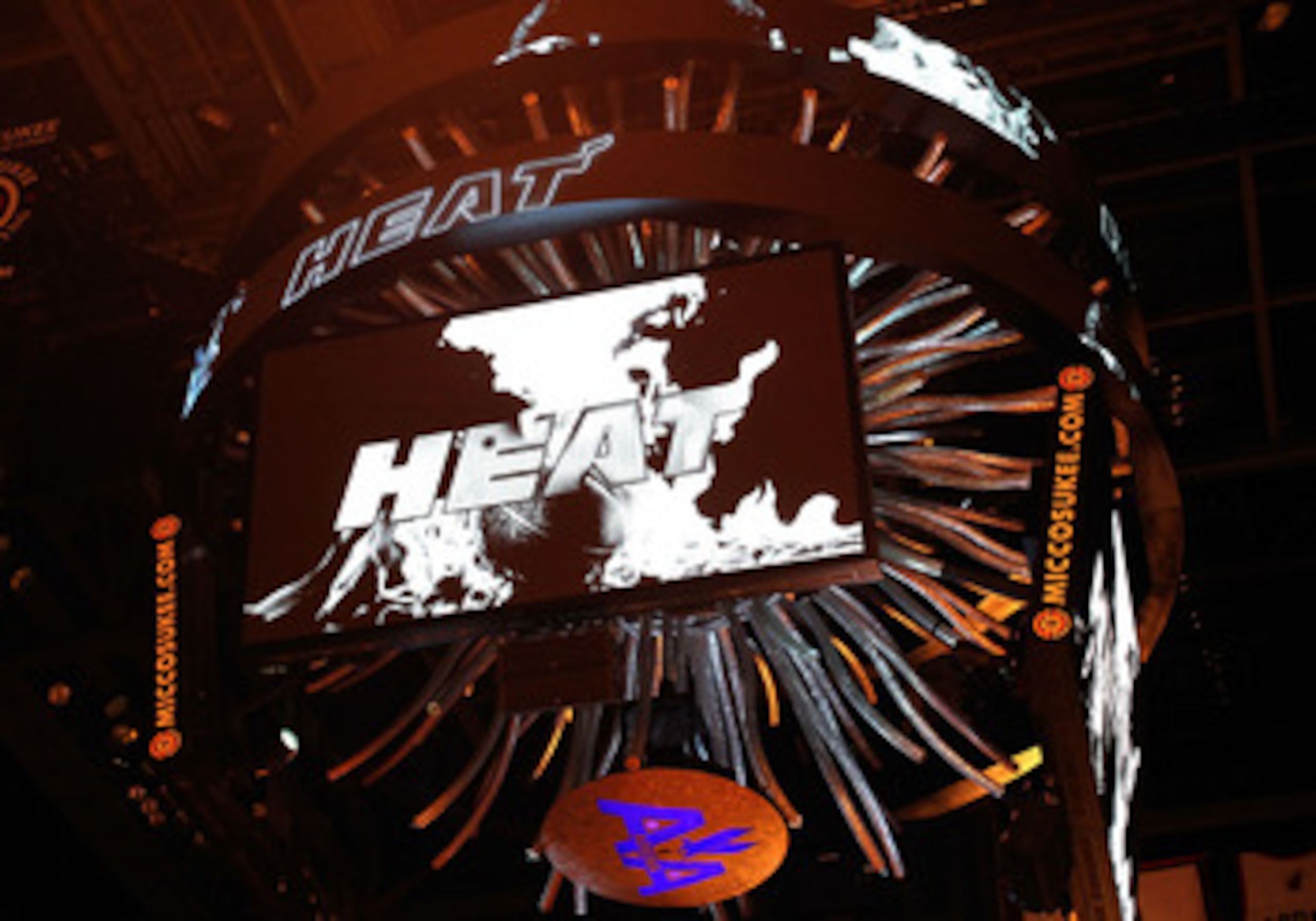 MIAMI, FL - JUNE 02:  The scoreboard is seen flashing the Miami Heat logo in Game Two of the 2011 NBA Finals at American Airlines Arena on June 2, 2011 in Miami, Florida. NOTE TO USER: User expressly acknowledges and agrees that, by downloading and/or usi