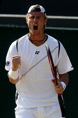 LONDON, ENGLAND - JUNE 28:  Lleyton Hewitt of Australia celebrates a point during his match against Novak Djokovic of Serbia on Day Seven of the Wimbledon Lawn Tennis Championships at the All England Lawn Tennis and Croquet Club on June 28, 2010 in London