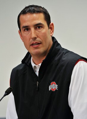 COLUMBUS, OH - MARCH 30:  Assistant Head Coach Luke Fickell speaks to the media during a press conference before the start of Spring practices at the Woody Hayes Athletic Center at The Ohio State University on March 30, 2011 in Columbus, Ohio. Fickell wil