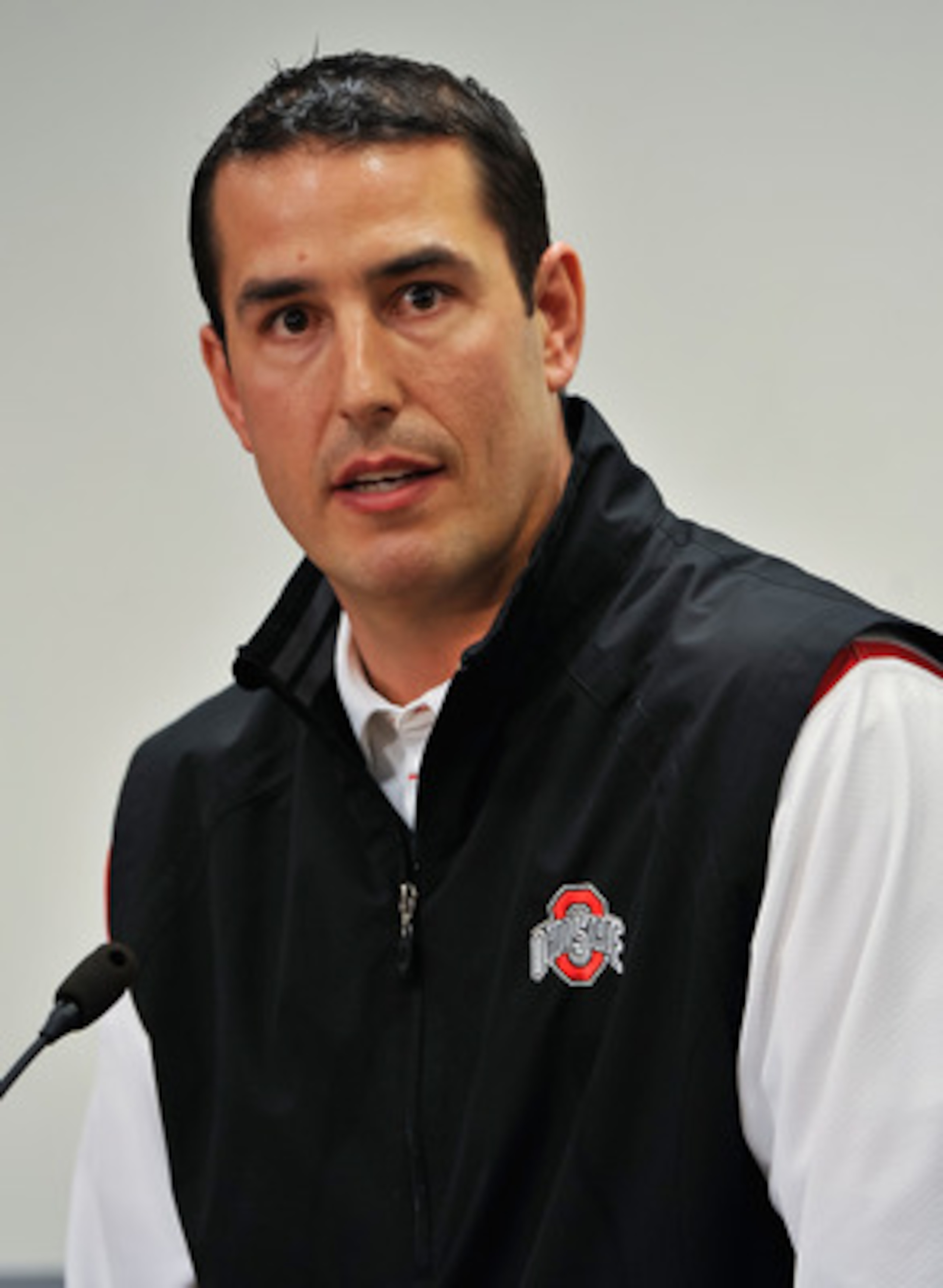 COLUMBUS, OH - MARCH 30:  Assistant Head Coach Luke Fickell speaks to the media during a press conference before the start of Spring practices at the Woody Hayes Athletic Center at The Ohio State University on March 30, 2011 in Columbus, Ohio. Fickell wil