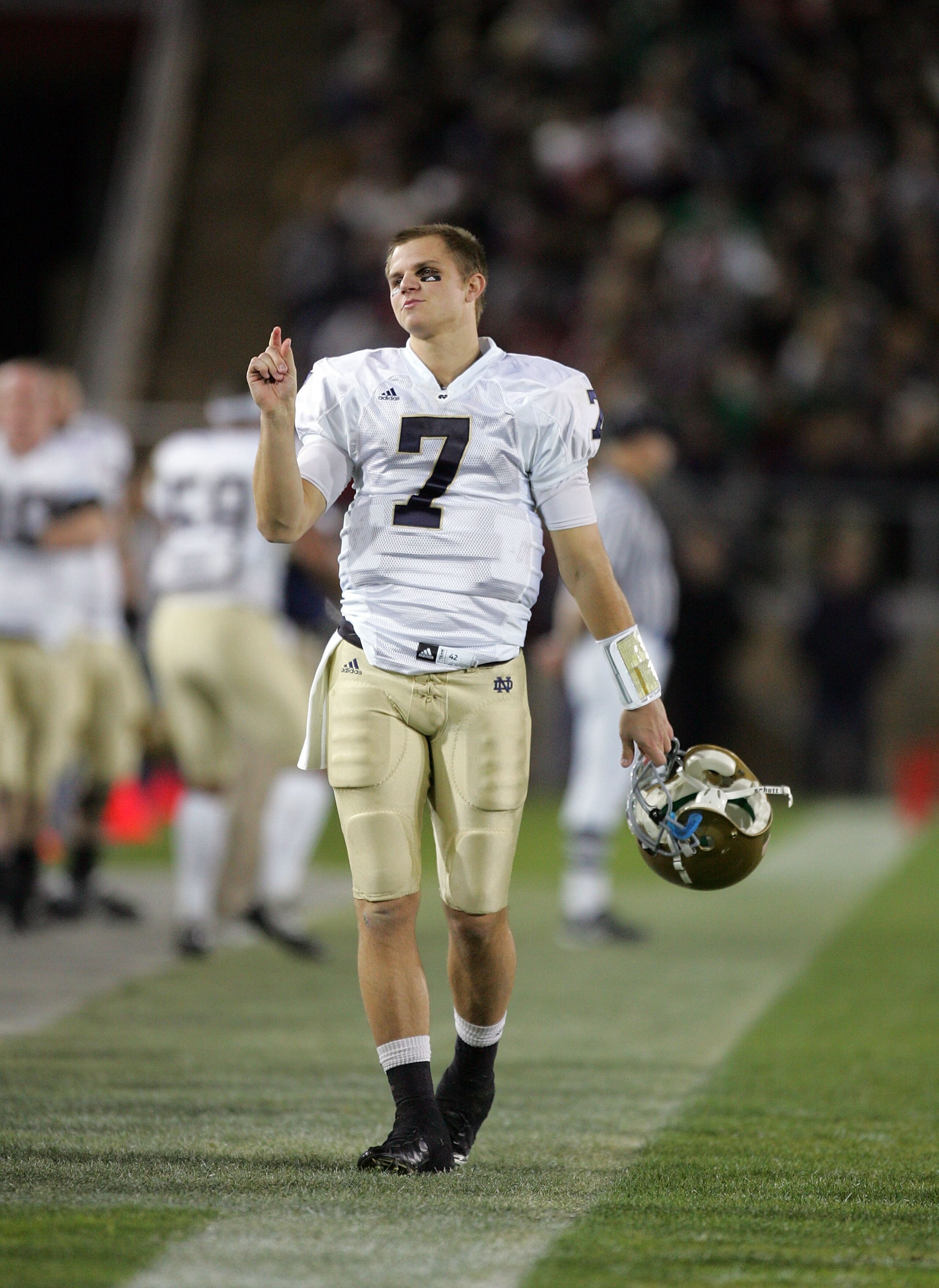 PALO ALTO, CA - NOVEMBER 28: Jimmy Clausen #7 of the Notre Dame Fighting Irish walks the sidelines during their game against the Stanford Cardinal at Stanford Stadium on November 28, 2009 in Palo Alto, California. (Photo by Ezra Shaw/Getty Images) PALO ALTO, CA - NOVEMBER 28: Jimmy Clausen #7 of the Notre Dame Fighting Irish walks the sidelines during their game against the Stanford Cardinal at Stanford Stadium on November 28, 2009 in Palo Alto, California. (Photo by Ezra Shaw/Getty Images)