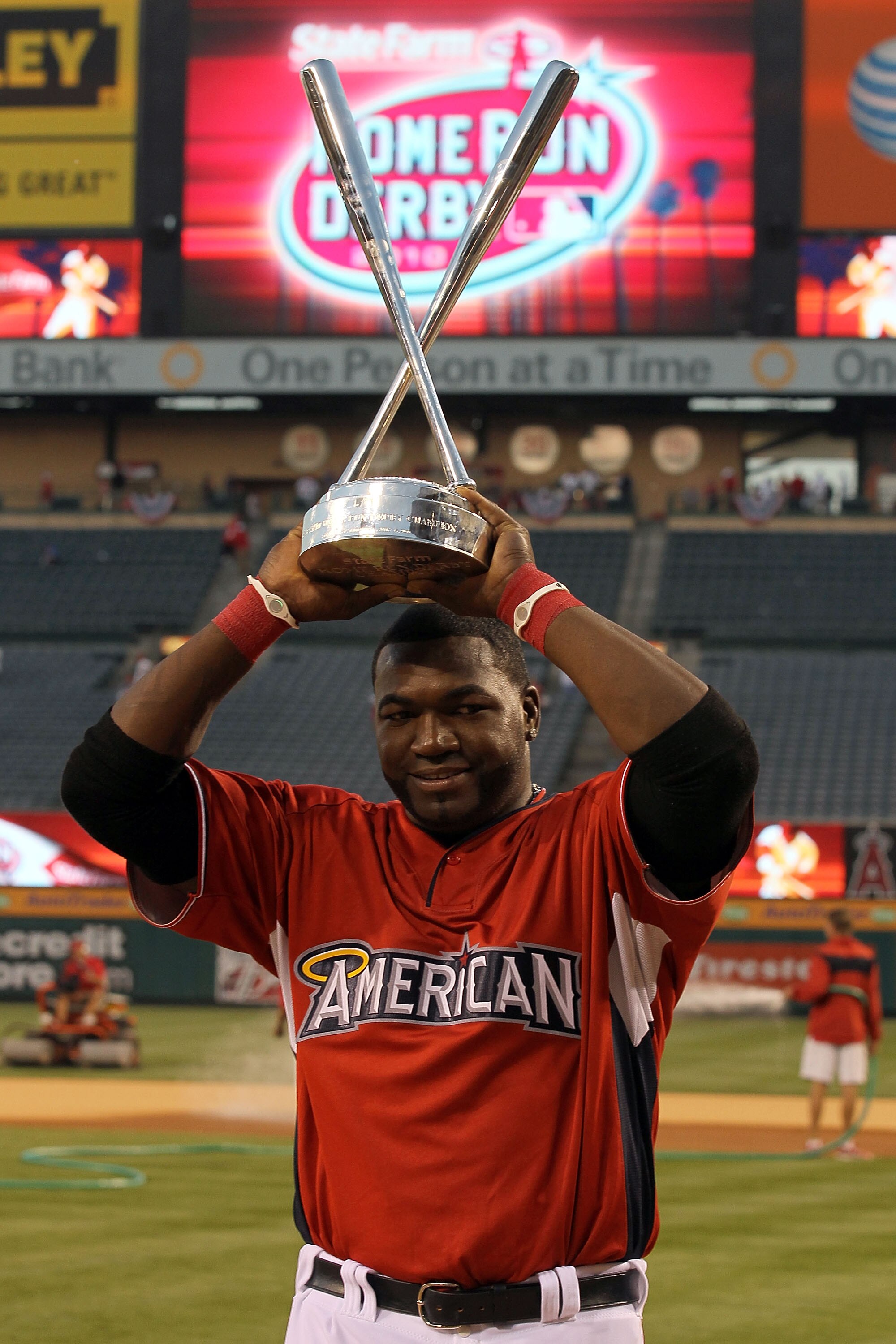 ANAHEIM, CA - JULY 12:  American League All-Star David Ortiz #34 of the Boston Red Sox winner of the 2010 State Farm Home Run Derby during All-Star Weekend at Angel Stadium of Anaheim on July 12, 2010 in Anaheim, California.  (Photo by Stephen Dunn/Getty