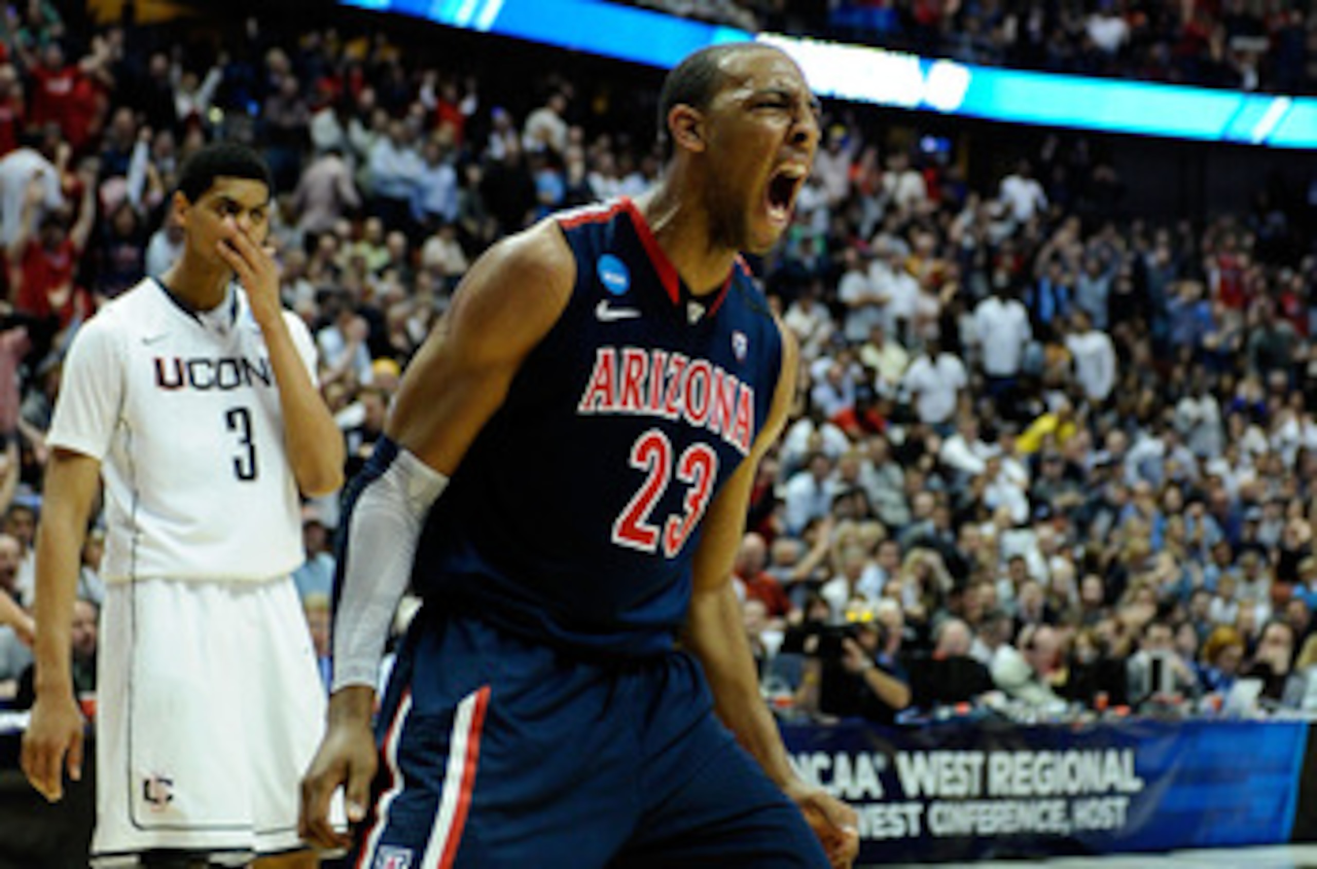 ANAHEIM, CA - MARCH 26:  Derrick Williams #23 of the Arizona Wildcats reacts after a dunk against of the Connecticut Huskies during the west regional final of the 2011 NCAA men's basketball tournament at the Honda Center on March 26, 2011 in Anaheim, Cali