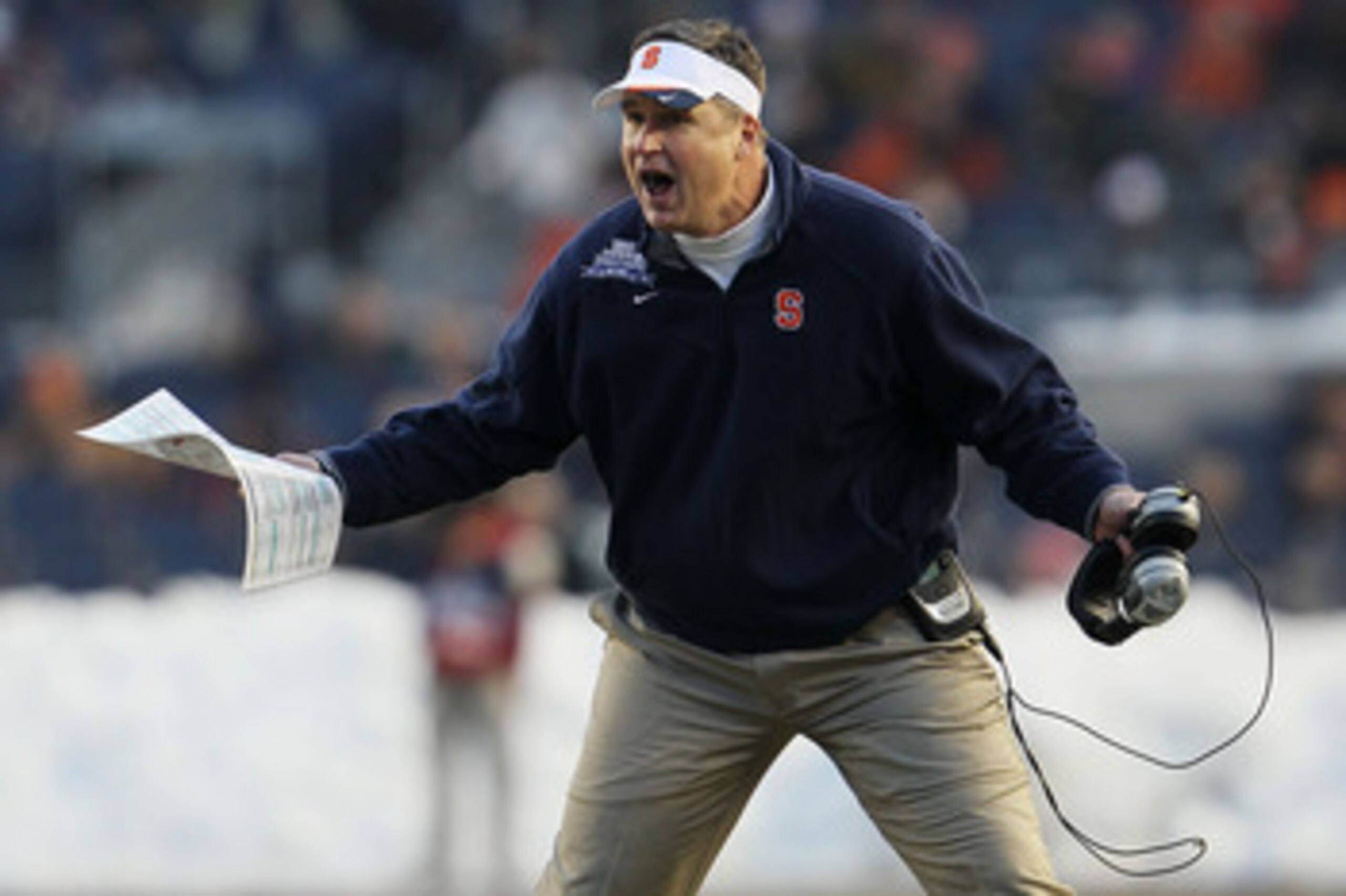 NEW YORK, NY - DECEMBER 30: Syracuse Orange head coach Doug Marrone yells at the referee against the Kansas State Wildcats during the New Era Pinstripe Bowl at Yankee Stadium on December 30, 2010 in New York, New York.  (Photo by Chris McGrath/Getty Image