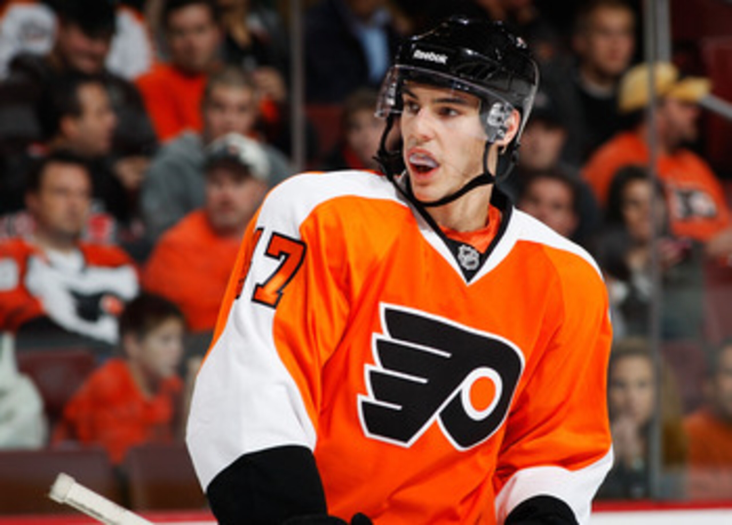 PHILADELPHIA - NOVEMBER 01: Eric Wellwood #47 of the Philadelphia Flyers in his first NHL game looks on against the Carolina Hurricanes on November 1, 2010 at the Wells Fargo Center in Philadelphia, Pennsylvania. Flyers defeat the Hurricanes 3-2. (Photo PHILADELPHIA - NOVEMBER 01: Eric Wellwood #47 of the Philadelphia Flyers in his first NHL game looks on against the Carolina Hurricanes on November 1, 2010 at the Wells Fargo Center in Philadelphia, Pennsylvania. Flyers defeat the Hurricanes 3-2. (Photo