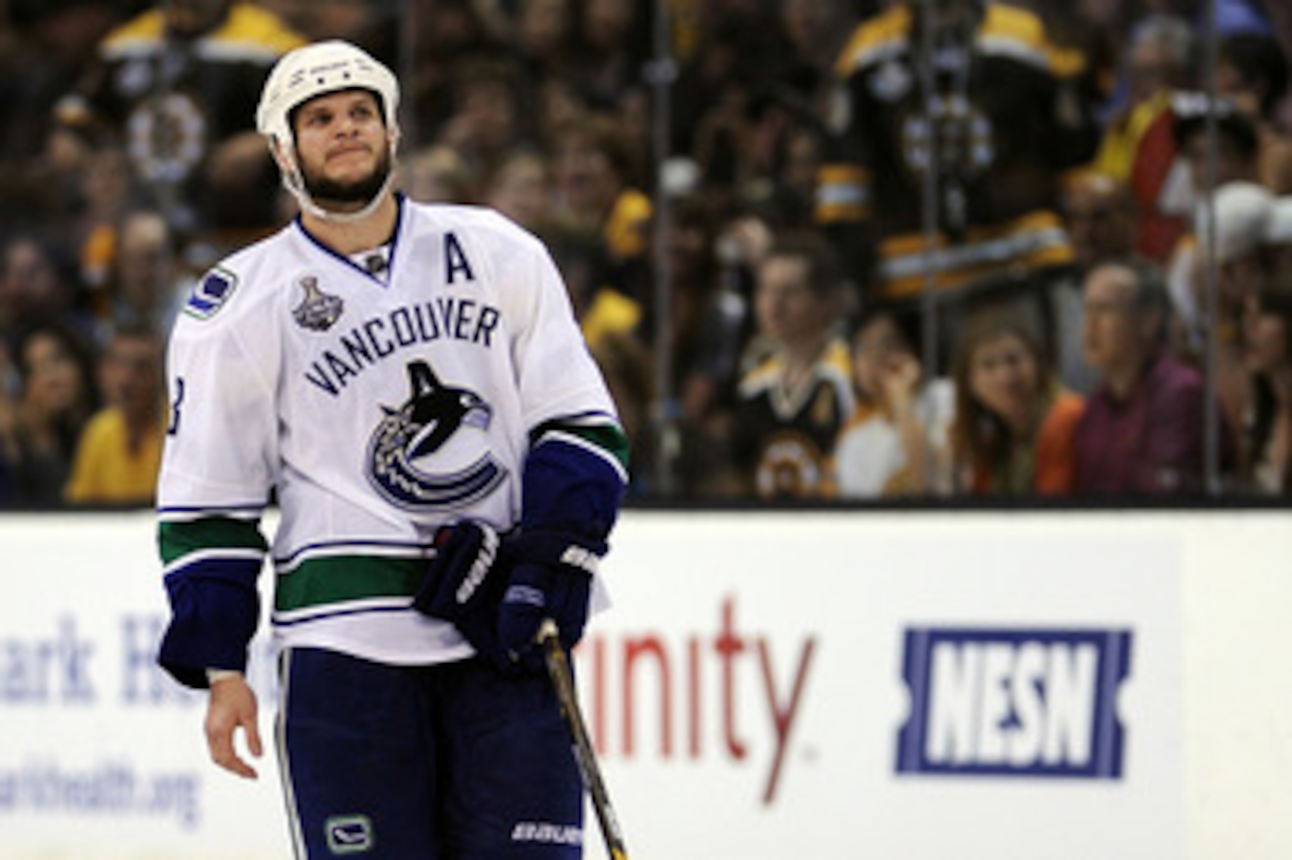 BOSTON, MA - JUNE 08: Kevin Bieksa #3 of the Vancouver Canucks looks on after a play against the Boston Bruins during Game Four of the 2011 NHL Stanley Cup Final at TD Garden on June 8, 2011 in Boston, Massachusetts. (Photo by Harry How/Getty Images) BOSTON, MA - JUNE 08: Kevin Bieksa #3 of the Vancouver Canucks looks on after a play against the Boston Bruins during Game Four of the 2011 NHL Stanley Cup Final at TD Garden on June 8, 2011 in Boston, Massachusetts. (Photo by Harry How/Getty Images)