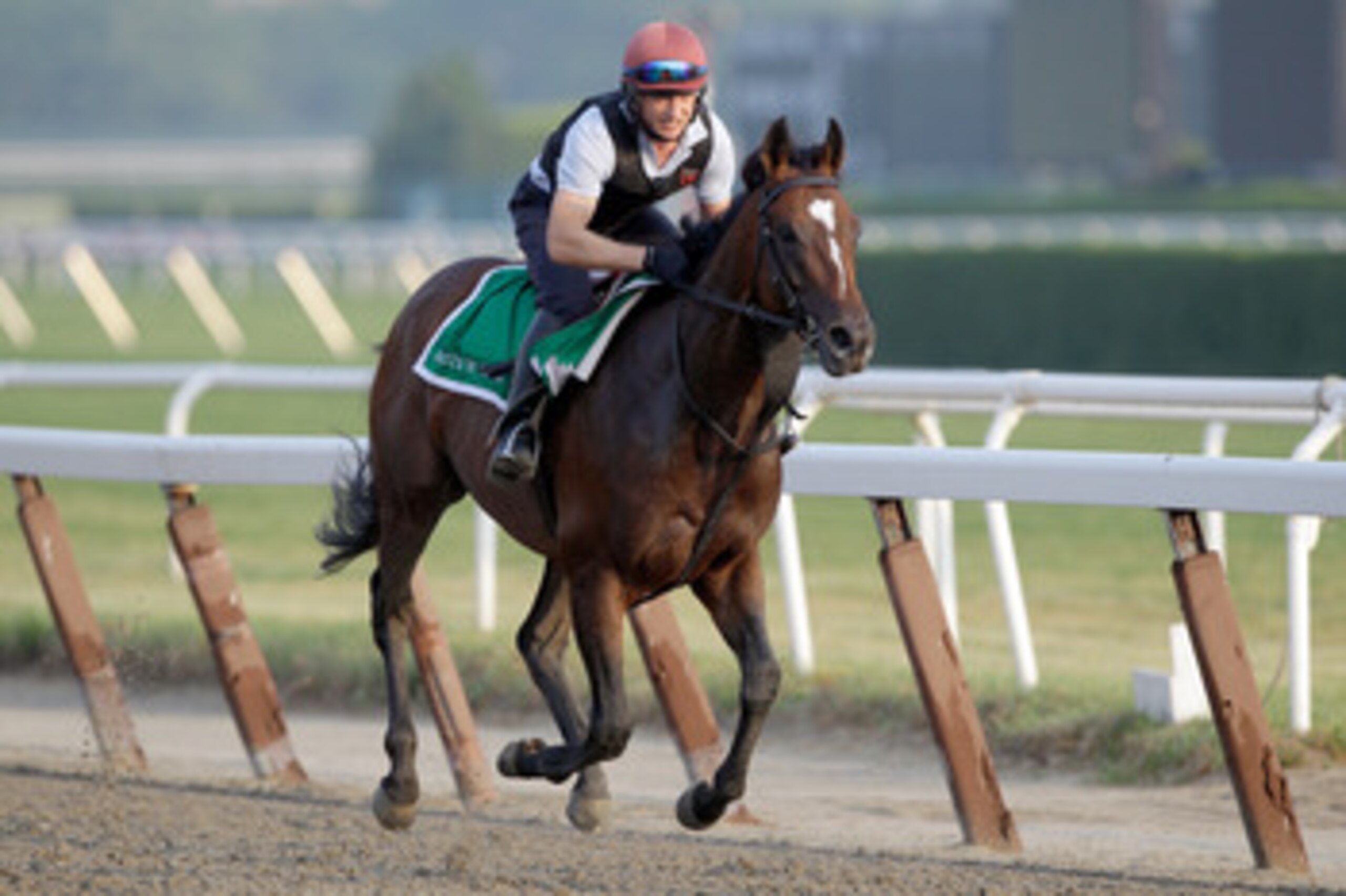 ELMONT, NY - JUNE 10:  Exercise rider Pat Lillis takes Master of Hounds for a morning training session in preparation for the 143rd running of The Belmont Stakes at Belmont Park on June 10, 2011 in Elmont, New York.  (Photo by Rob Carr/Getty Images)
