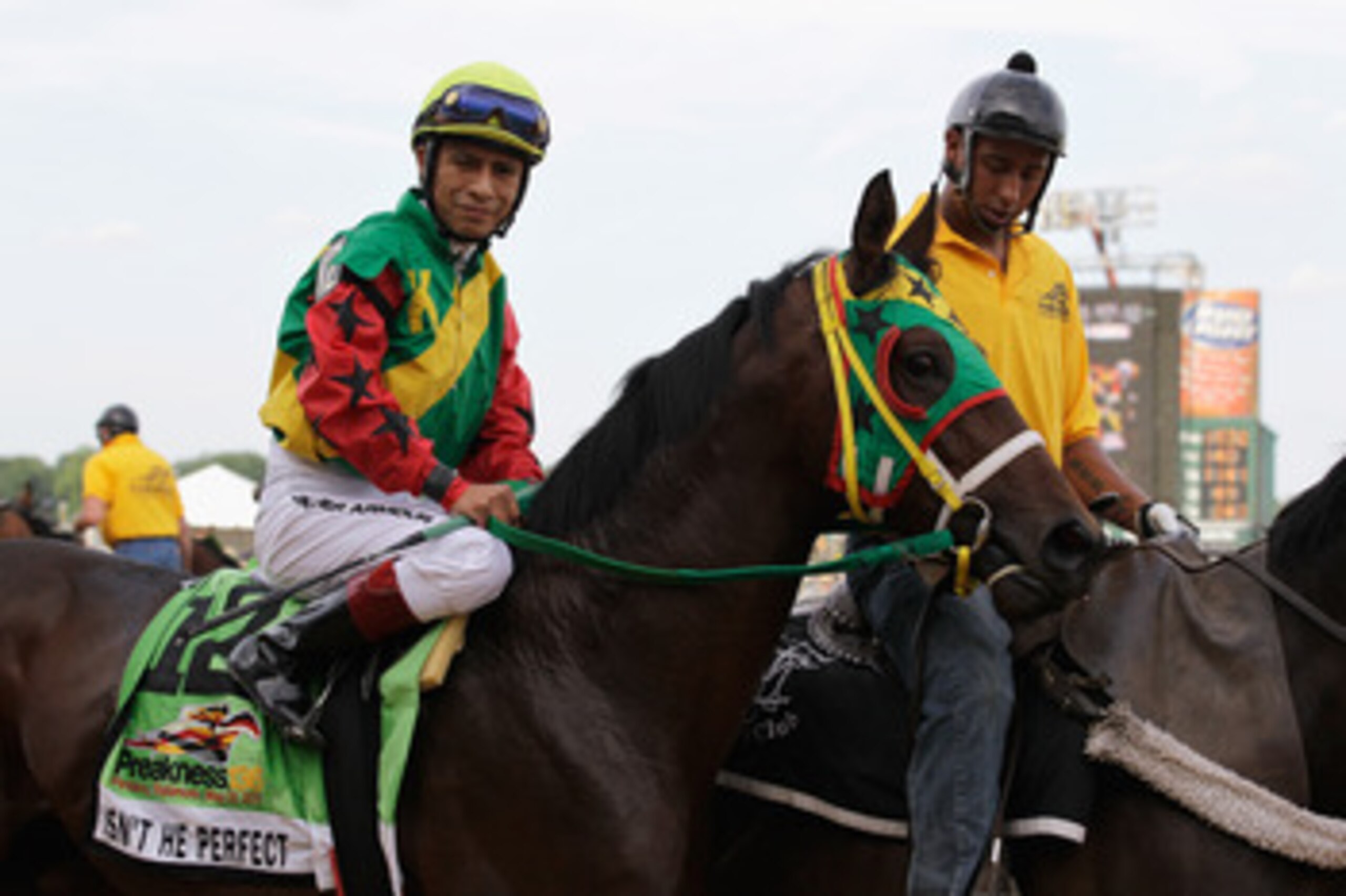 BALTIMORE, MD - MAY 21: Isn't He Perfect with jockey Ramon Dominguez #12 during the post parade for the 136th running of the Preakness Stakes at Pimlico Race Course on May 21, 2011 in Baltimore, Maryland.  (Photo by Rob Carr/Getty Images)
