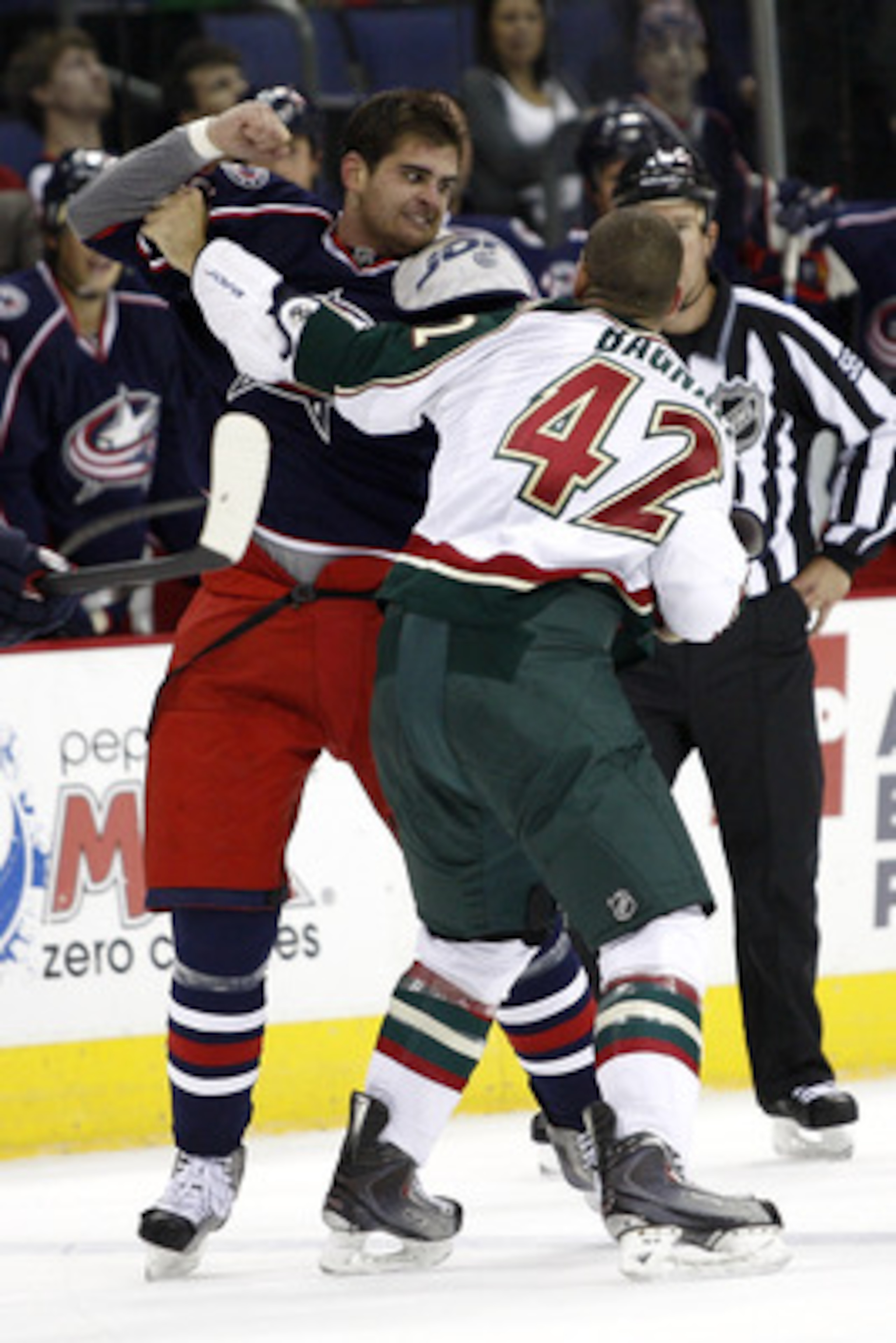 COLUMBUS,OH - SEPTEMBER 28: Tom Sestito #23 of the Columbus Blue Jackets fights with Drew Bagnall #42 of the Minnesota Wild during the first period on September 28, 2010 at Nationwide Arena in Columbus, Ohio. (Photo by John Grieshop/Getty Images) COLUMBUS,OH - SEPTEMBER 28: Tom Sestito #23 of the Columbus Blue Jackets fights with Drew Bagnall #42 of the Minnesota Wild during the first period on September 28, 2010 at Nationwide Arena in Columbus, Ohio. (Photo by John Grieshop/Getty Images)
