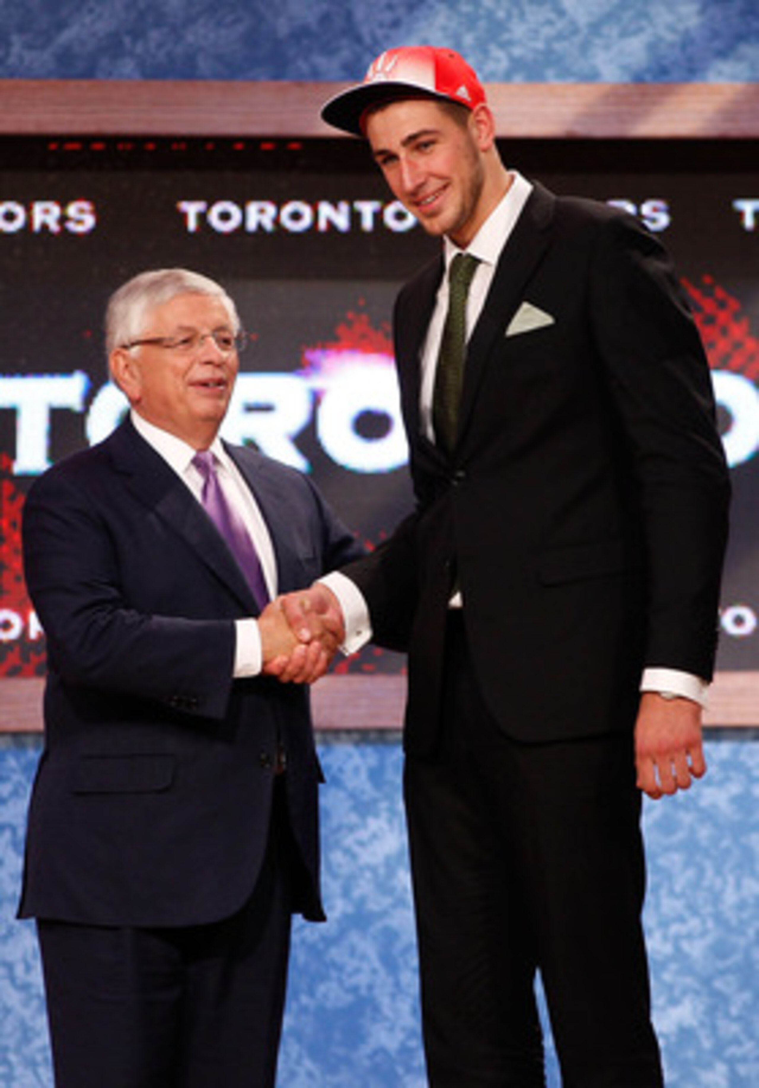 NEWARK, NJ - JUNE 23: Jonas Valanciunas (R) from Utena, Lithuania greets NBA Commissioner David Stern after he was picked #5 overall by the Toronto Raptors in the first round during the 2011 NBA Draft at the Prudential Center on June 23, 2011 in Newark, NEWARK, NJ - JUNE 23: Jonas Valanciunas (R) from Utena, Lithuania greets NBA Commissioner David Stern after he was picked #5 overall by the Toronto Raptors in the first round during the 2011 NBA Draft at the Prudential Center on June 23, 2011 in Newark,