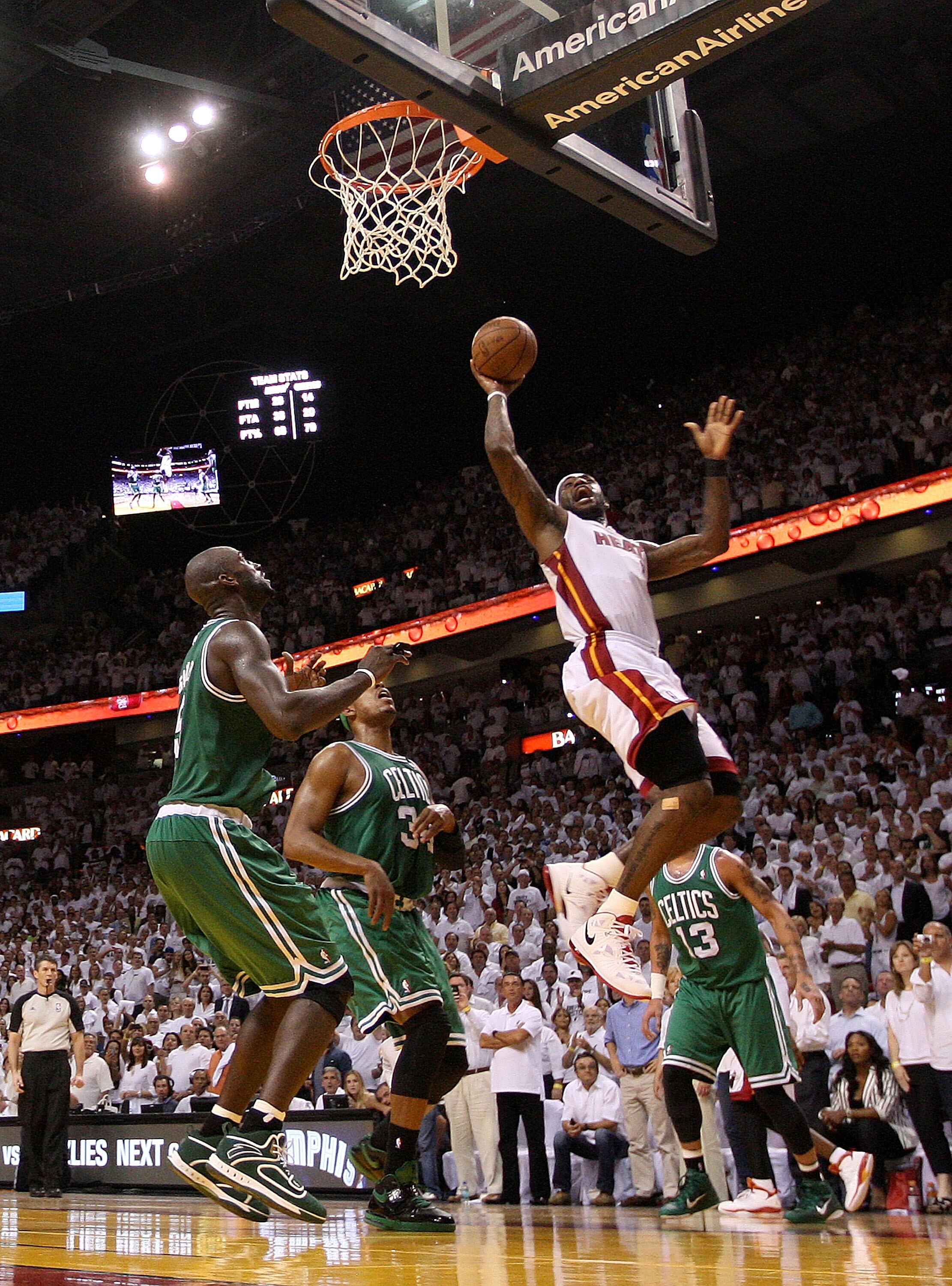 MIAMI, FL - MAY 11:  LeBron James #6 of the Miami Heat shoots over Kevin Garnett #5 of the Boston Celtics during Game Five of the Eastern Conference Semifinals of the 2011 NBA Playoffs at American Airlines Arena on May 11, 2011 in Miami, Florida. NOTE TO
