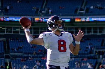 DENVER - DECEMBER 26:  Quarterback Matt Schaub #8 of the Houston Texans warms up before taking on the Denver Broncos at INVESCO Field at Mile High on December 26, 2010 in Denver, Colorado. (Photo by Justin Edmonds/Getty Images)