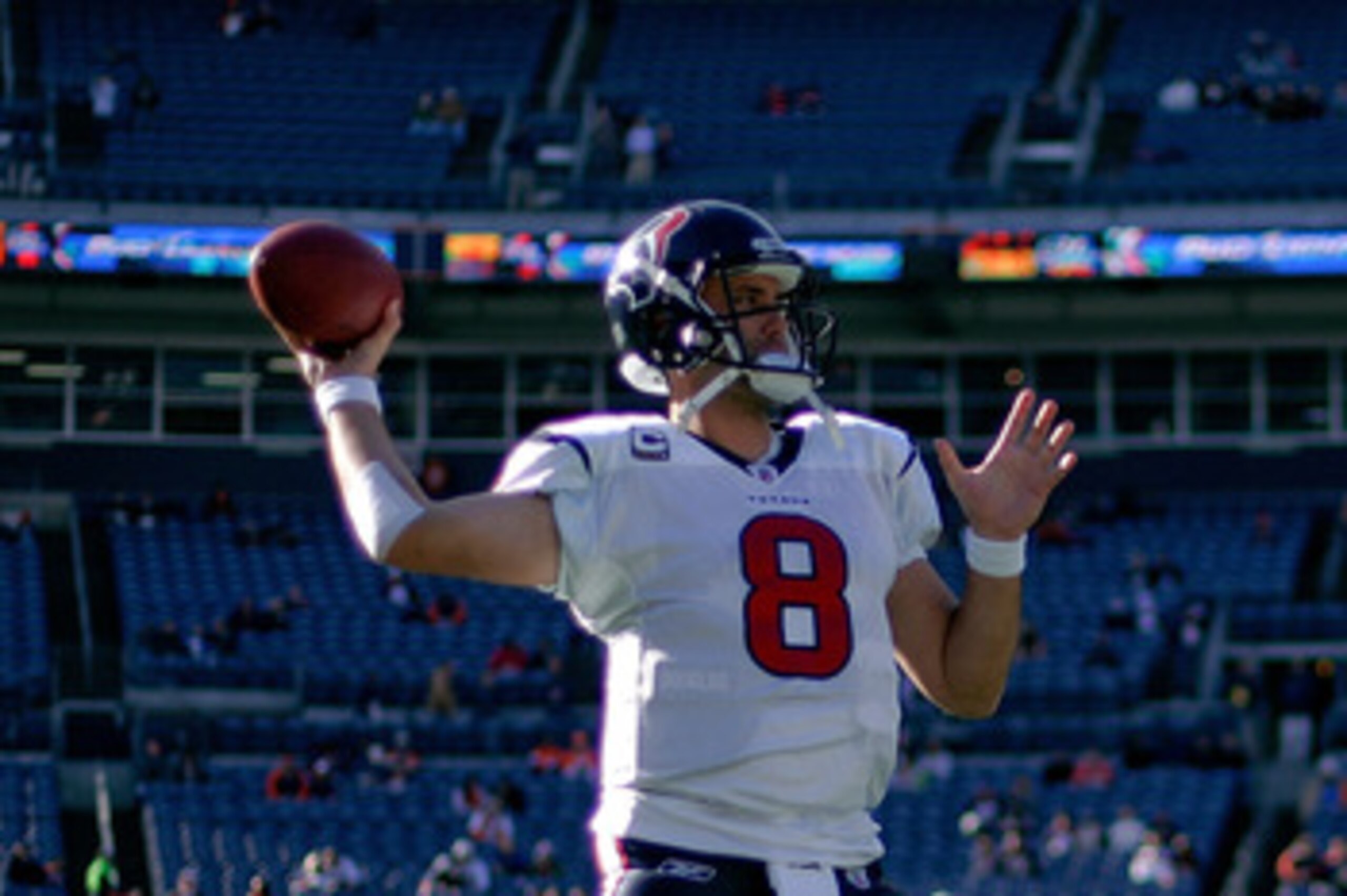 DENVER - DECEMBER 26:  Quarterback Matt Schaub #8 of the Houston Texans warms up before taking on the Denver Broncos at INVESCO Field at Mile High on December 26, 2010 in Denver, Colorado. (Photo by Justin Edmonds/Getty Images)
