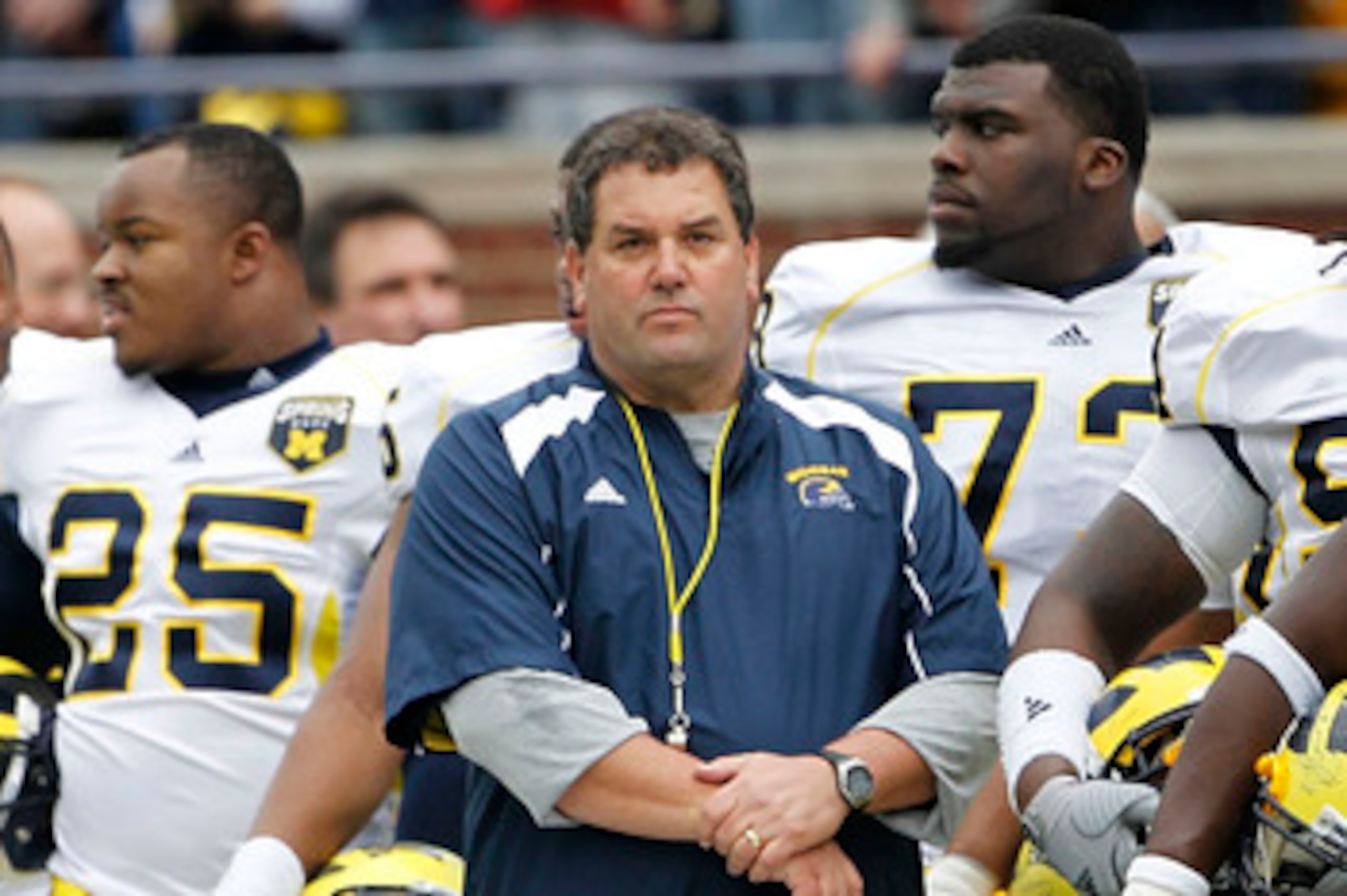 ANN ARBOR, MI - APRIL 16: Head football coach Brady Hoke stands with his team prior to the start of the annual Spring Game at Michigan Stadium on April 16, 2011 in Ann Arbor, Michigan. (Photo by Leon Halip/Getty Images) ANN ARBOR, MI - APRIL 16: Head football coach Brady Hoke stands with his team prior to the start of the annual Spring Game at Michigan Stadium on April 16, 2011 in Ann Arbor, Michigan. (Photo by Leon Halip/Getty Images)