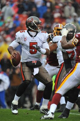LANDOVER, MD - DECEMBER 12:  Josh Freeman #5 of the Tampa Bay Buccaneers passes during the game against the Washington Redskins  at FedExField on December 12, 2010 in Landover, Maryland. The Buccaneers defeated the Redskins 17-16. (Photo by Larry French/G