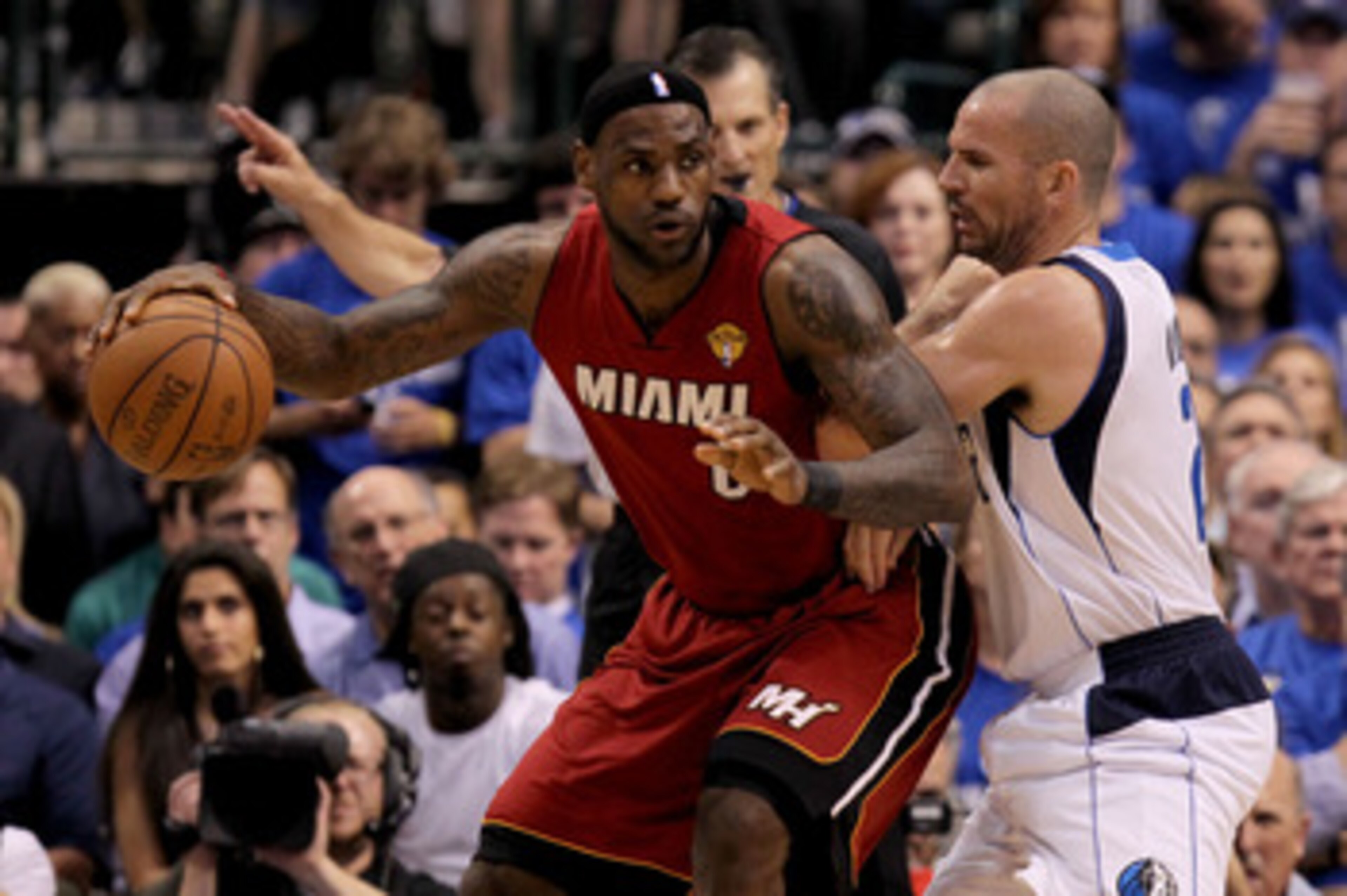 DALLAS, TX - JUNE 07:  LeBron James #6 of the Miami Heat backs down Jason Kidd #2 of the Dallas Mavericks in Game Four of the 2011 NBA Finals at American Airlines Center on June 7, 2011 in Dallas, Texas. NOTE TO USER: User expressly acknowledges and agree
