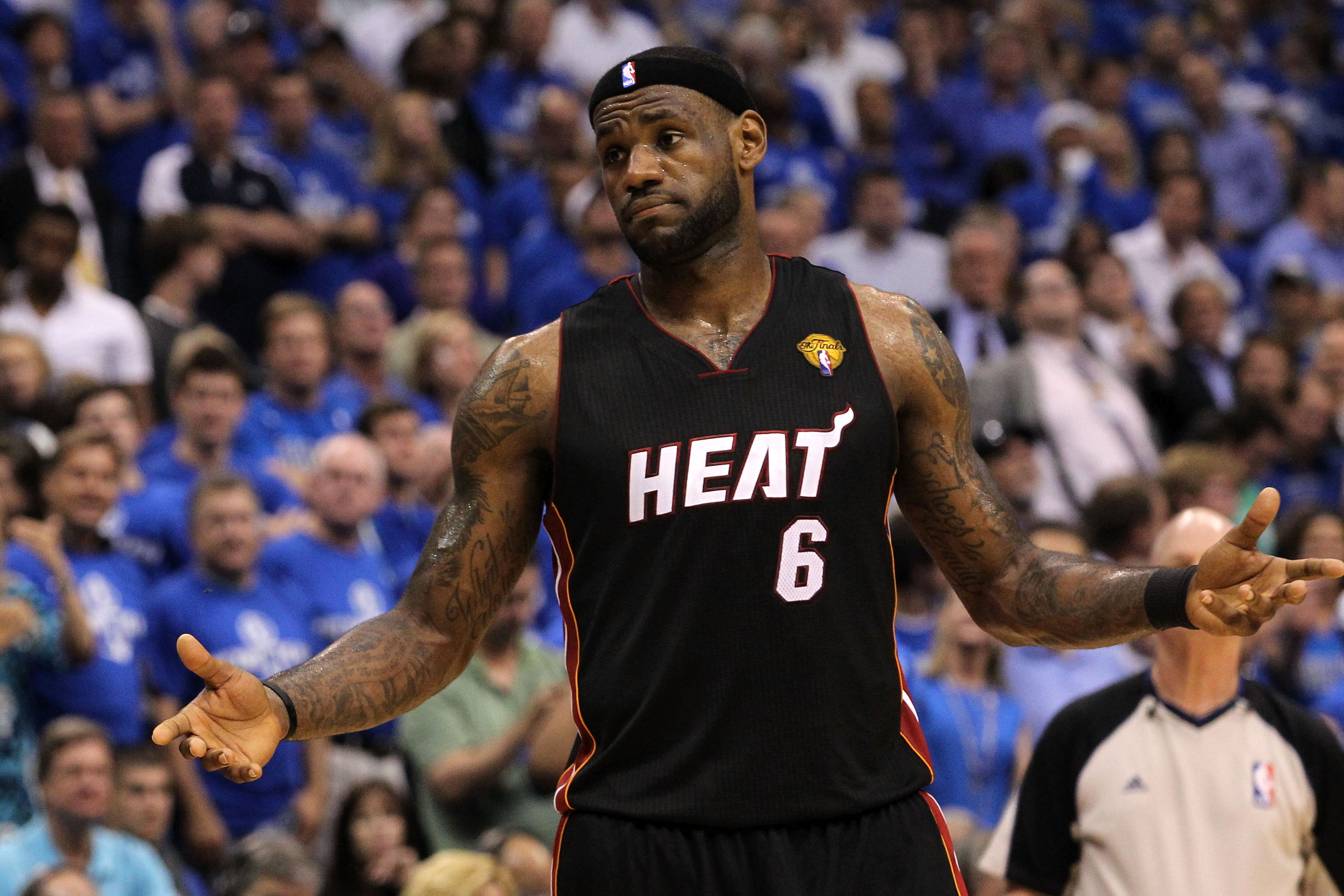 DALLAS, TX - JUNE 09:  LeBron James #6 of the Miami Heat reacts in the second quarter while taking on the Dallas Mavericks in Game Five of the 2011 NBA Finals at American Airlines Center on June 9, 2011 in Dallas, Texas.  NOTE TO USER: User expressly ackn