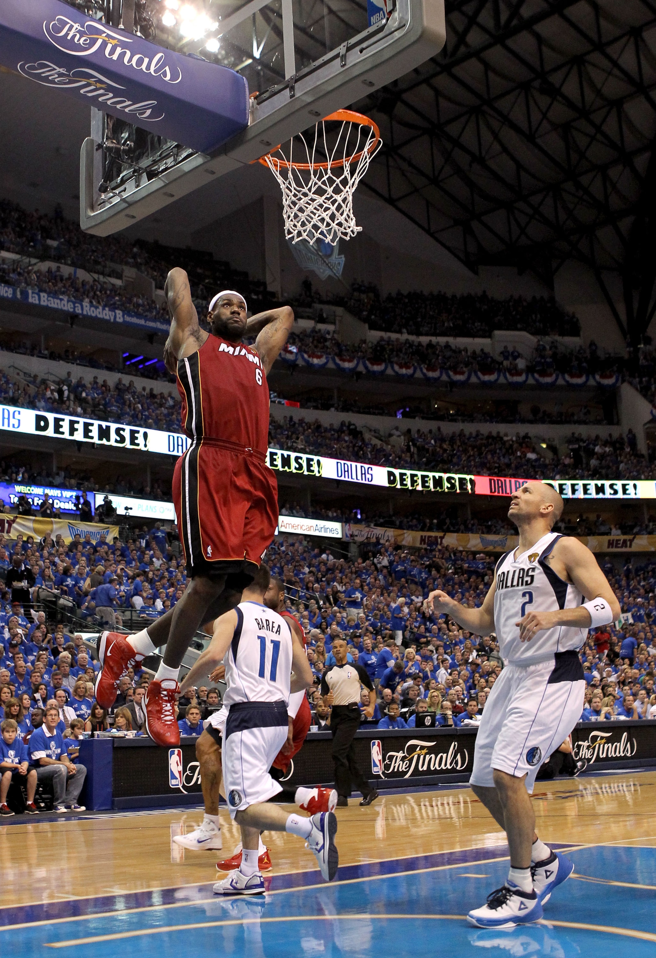 DALLAS, TX - JUNE 05:  LeBron James #6 of the Miami Heat goes up for a dunk in front of Jason Kidd #2 of the Dallas Mavericks in the second half of Game Three of the 2011 NBA Finals at American Airlines Center on June 5, 2011 in Dallas, Texas.  NOTE TO US
