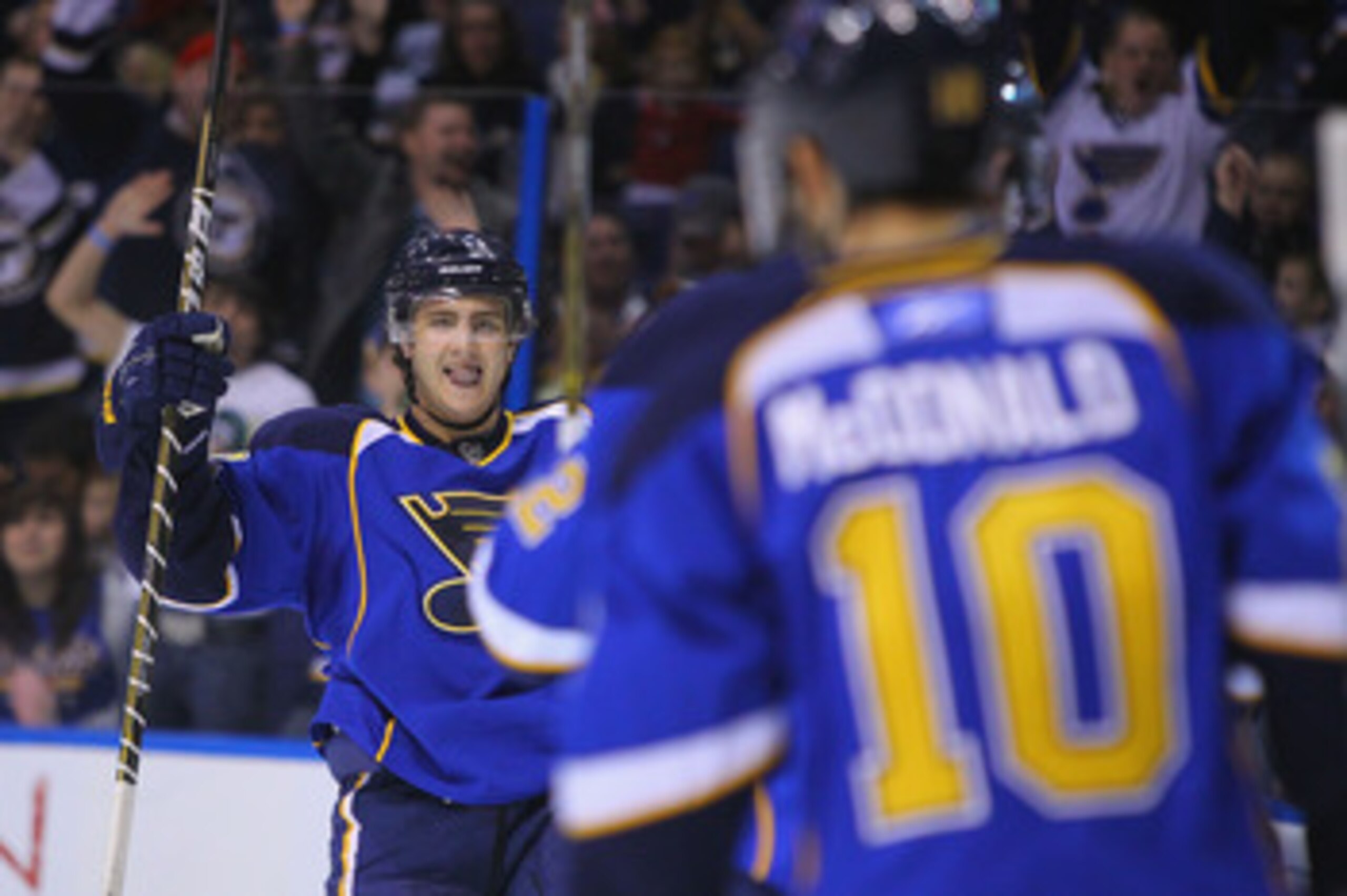 ST. LOUIS, MO - APRIL 5: Kevin Shattenkirk #12 of the St. Louis Blues celebrates his goal against the Colorado Avalanche at the Scottrade Center on April 5, 2011 in St. Louis, Missouri. (Photo by Dilip Vishwanat/Getty Images) ST. LOUIS, MO - APRIL 5: Kevin Shattenkirk #12 of the St. Louis Blues celebrates his goal against the Colorado Avalanche at the Scottrade Center on April 5, 2011 in St. Louis, Missouri. (Photo by Dilip Vishwanat/Getty Images)
