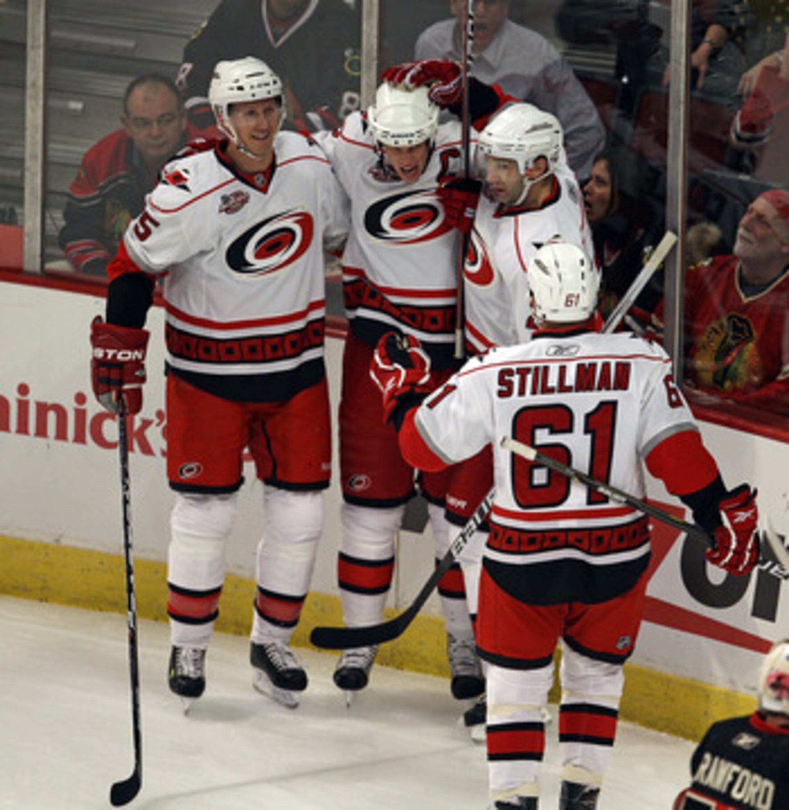 CHICAGO, IL - MARCH 04: (L-R) Bryan Allen #5, Eric Staal #12, Erik Cole #26 and Cory Stillman #61 of the Carolina Hurricanes celebrate a 1st period goal by Staal against the Chicago Blackhawks at the United Center on March 4, 2011 in Chicago, Illinois. (P CHICAGO, IL - MARCH 04: (L-R) Bryan Allen #5, Eric Staal #12, Erik Cole #26 and Cory Stillman #61 of the Carolina Hurricanes celebrate a 1st period goal by Staal against the Chicago Blackhawks at the United Center on March 4, 2011 in Chicago, Illinois. (P