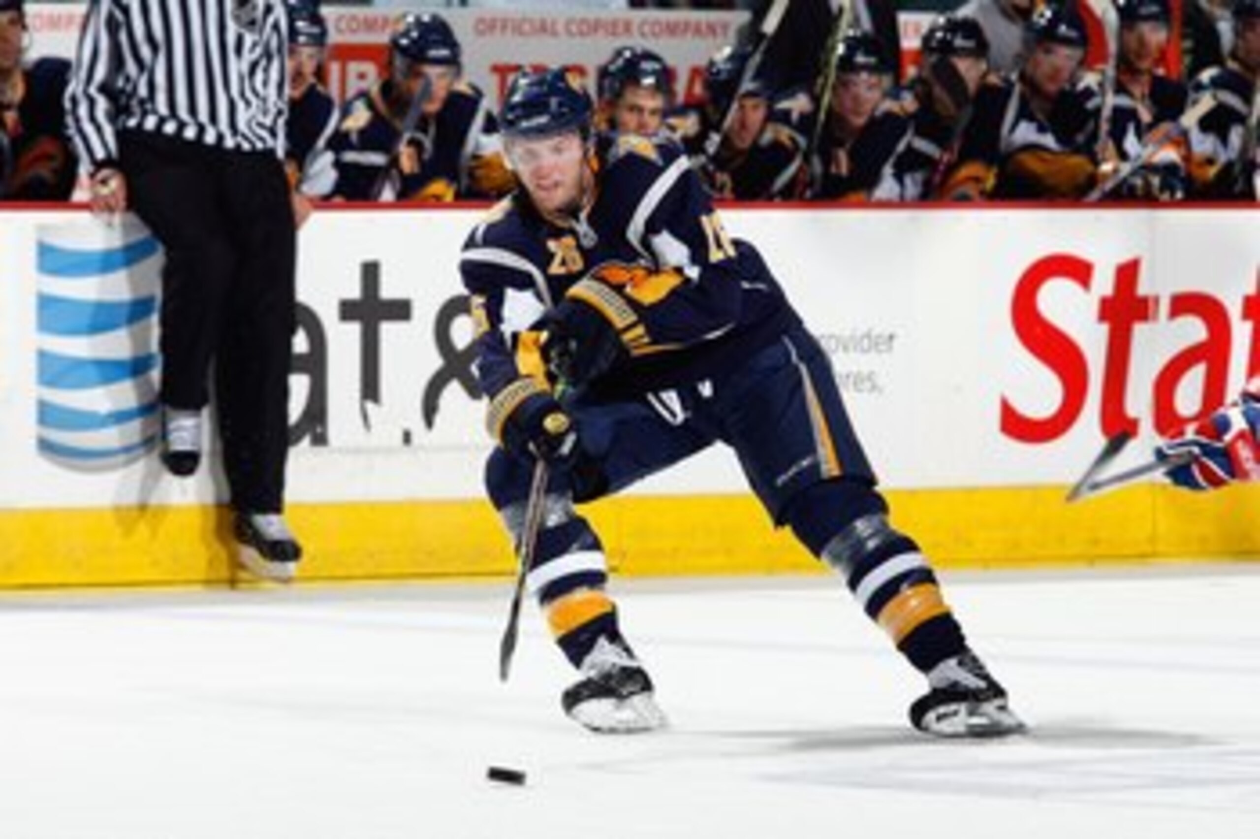 BUFFALO - OCTOBER 10: Tomas Vanek #26 of the Buffalo Sabres passes the puck during the game against the Montreal Canadiens at HSBC Arena on October 10, 2008 in Buffalo, New York. (Photo by: Rick Stewart/Getty Images) BUFFALO - OCTOBER 10: Tomas Vanek #26 of the Buffalo Sabres passes the puck during the game against the Montreal Canadiens at HSBC Arena on October 10, 2008 in Buffalo, New York. (Photo by: Rick Stewart/Getty Images)