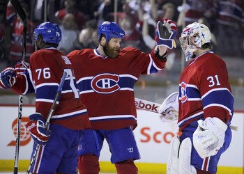 MONTREAL, CANADA - APRIL 26:  P.K. Subban #76; Paul Mara #22 and Carey Price #31 of the Montreal Canadiens celebrate a victory over the Boston Bruins in Game Six of the Eastern Conference Quarterfinals during the 2011 NHL Stanley Cup Playoffs at the Bell 