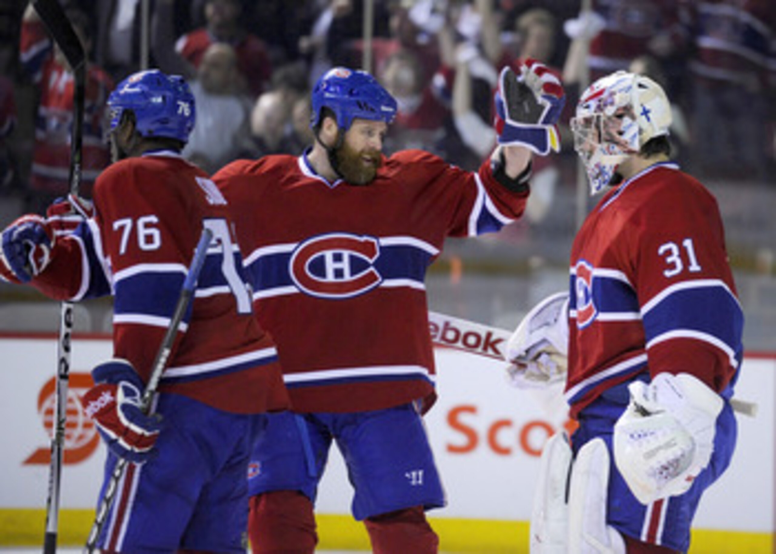 MONTREAL, CANADA - APRIL 26: P.K. Subban #76; Paul Mara #22 and Carey Price #31 of the Montreal Canadiens celebrate a victory over the Boston Bruins in Game Six of the Eastern Conference Quarterfinals during the 2011 NHL Stanley Cup Playoffs at the Bell MONTREAL, CANADA - APRIL 26: P.K. Subban #76; Paul Mara #22 and Carey Price #31 of the Montreal Canadiens celebrate a victory over the Boston Bruins in Game Six of the Eastern Conference Quarterfinals during the 2011 NHL Stanley Cup Playoffs at the Bell