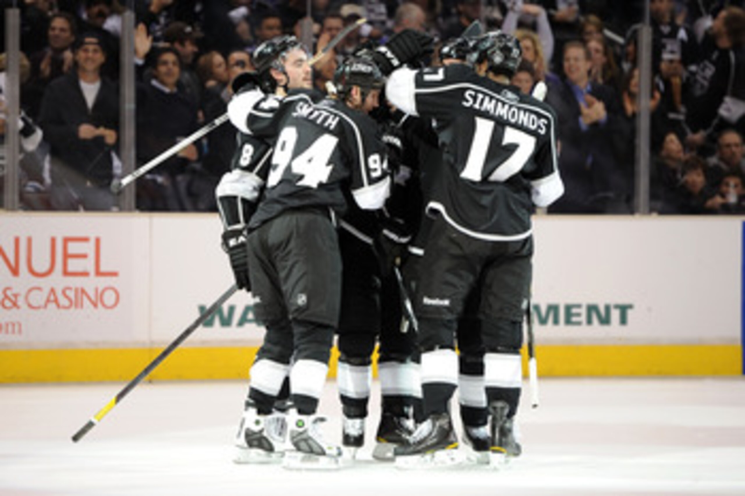 LOS ANGELES, CA - APRIL 21: The Los Angeles Kings celebrate a goal by Brad Richardson #15 against the San Jose Sharks in the second period of game four of the Western Conference Quarterfinals during the 2011 NHL Stanley Cup Playoffs at Staples Center on LOS ANGELES, CA - APRIL 21: The Los Angeles Kings celebrate a goal by Brad Richardson #15 against the San Jose Sharks in the second period of game four of the Western Conference Quarterfinals during the 2011 NHL Stanley Cup Playoffs at Staples Center on