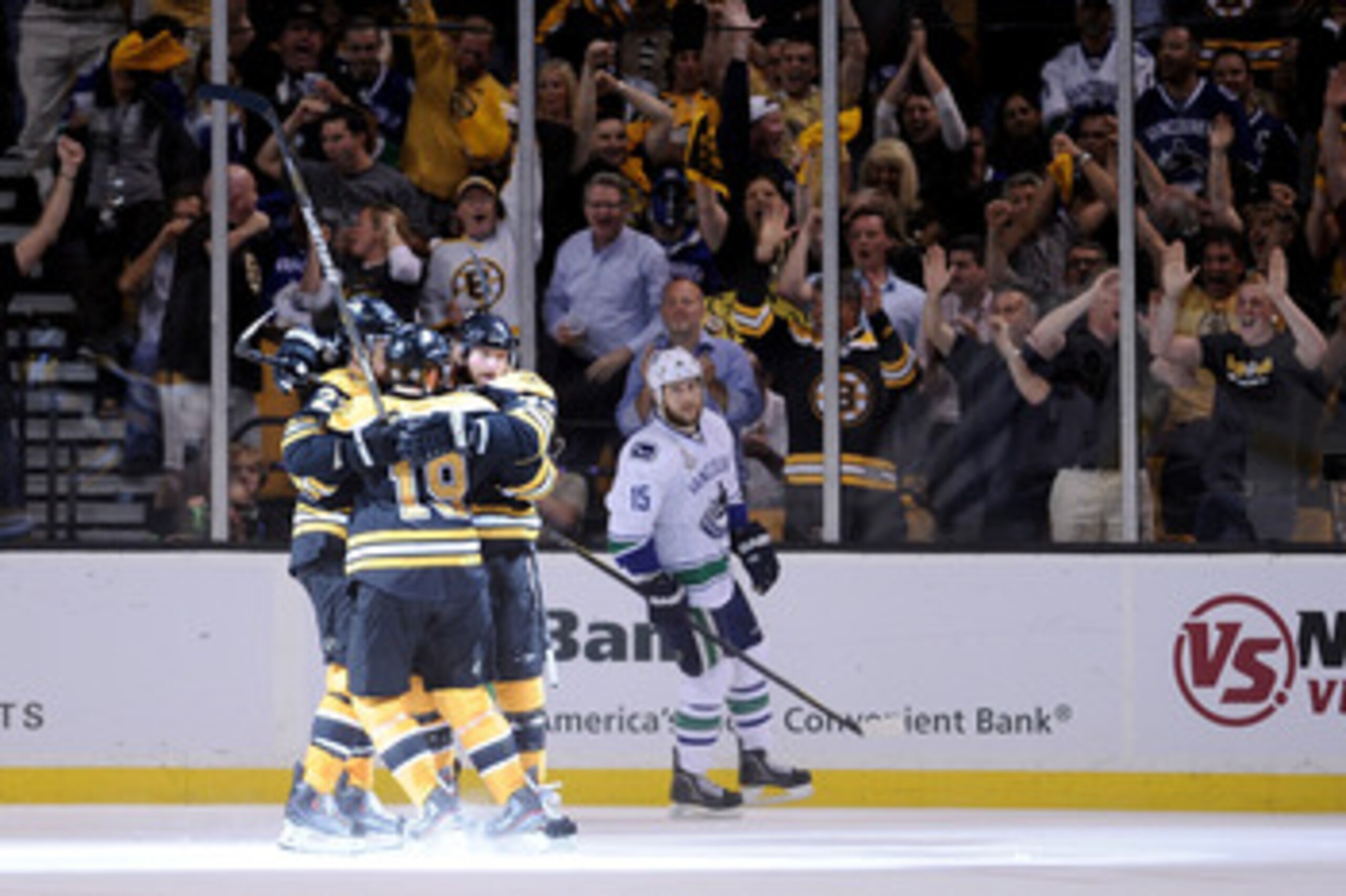 BOSTON, MA - JUNE 08: Michael Ryder #73 of the Boston Bruins celebrates with his teammates Chris Kelly #23, Tyler Seguin #19 and Adam McQuaid #54 after scoring a goal in the second period against Roberto Luongo #1 of the Vancouver Canucks during Game Fou BOSTON, MA - JUNE 08: Michael Ryder #73 of the Boston Bruins celebrates with his teammates Chris Kelly #23, Tyler Seguin #19 and Adam McQuaid #54 after scoring a goal in the second period against Roberto Luongo #1 of the Vancouver Canucks during Game Fou