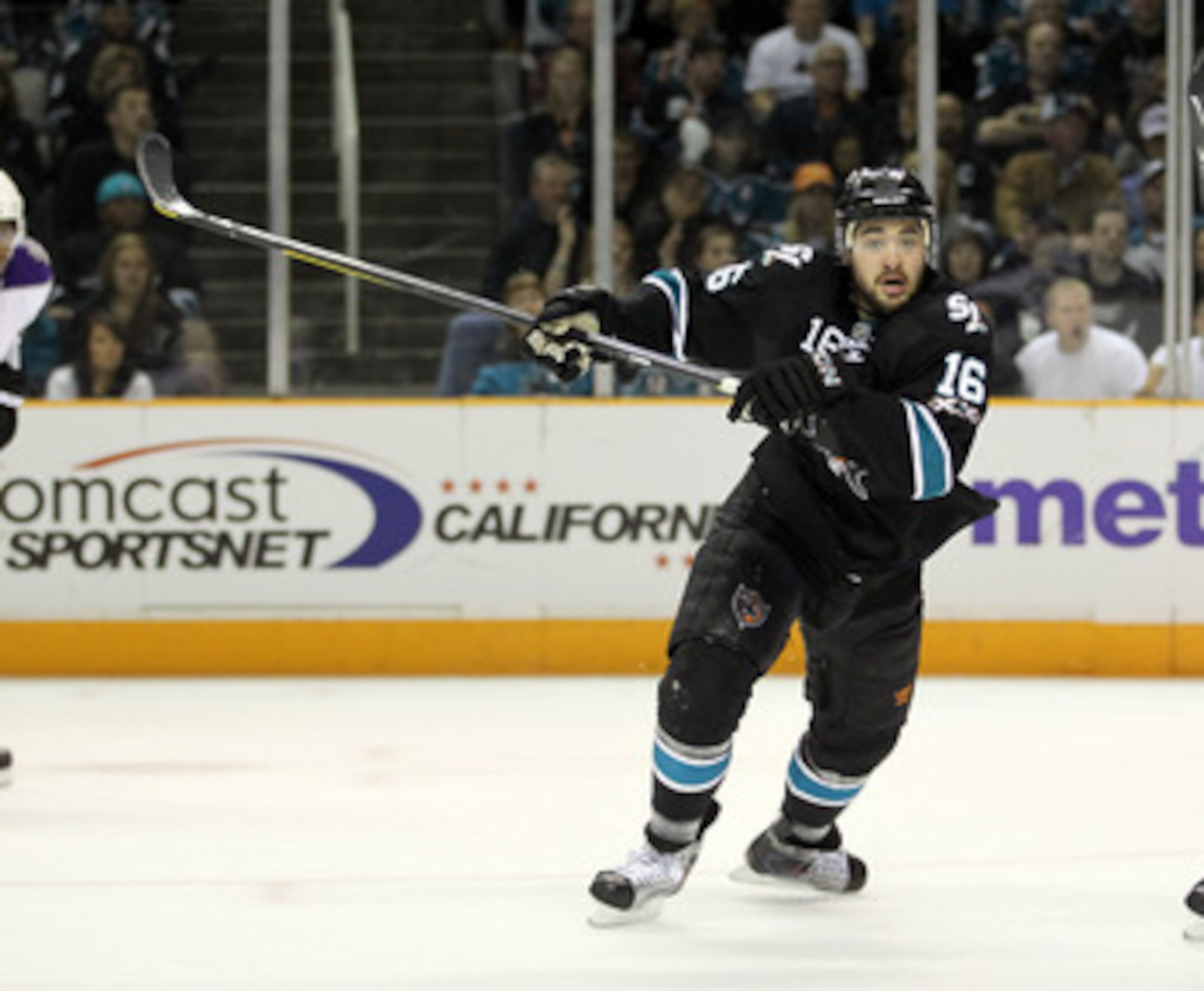 SAN JOSE, CA - APRIL 23: Devin Setoguchi #16 of the San Jose Sharks in action against the Los Angeles Kings in game five of the Western Conference Quarterfinals during the 2011 NHL Stanley Cup Playoffs at HP Pavilion on April 23, 2011 in San Jose, Califo SAN JOSE, CA - APRIL 23: Devin Setoguchi #16 of the San Jose Sharks in action against the Los Angeles Kings in game five of the Western Conference Quarterfinals during the 2011 NHL Stanley Cup Playoffs at HP Pavilion on April 23, 2011 in San Jose, Califo
