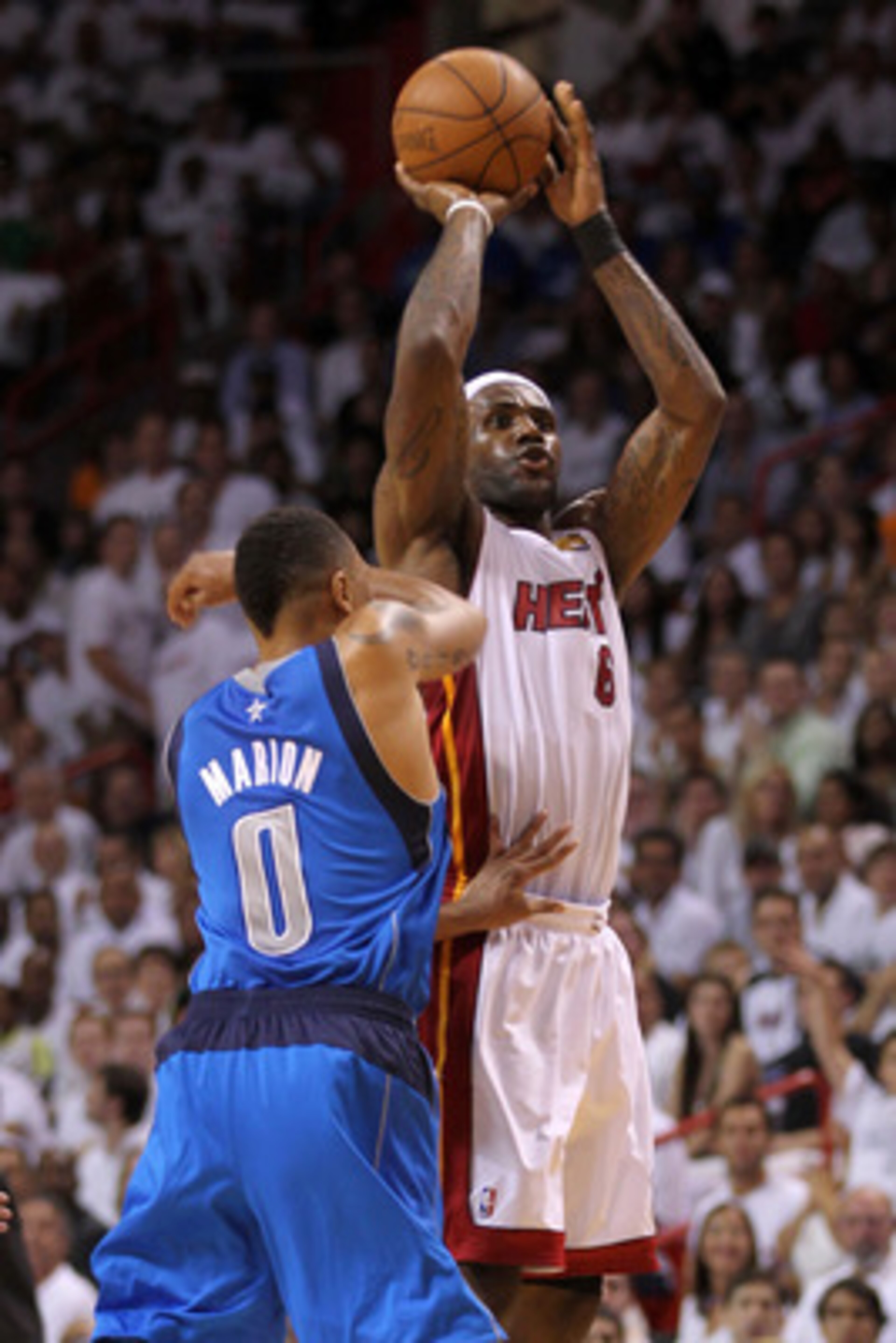 MIAMI, FL - JUNE 02:  LeBron James #6 of the Miami Heat attempts a shot against Shawn Marion #0 of the Dallas Mavericks in Game Two of the 2011 NBA Finals at American Airlines Arena on June 2, 2011 in Miami, Florida. NOTE TO USER: User expressly acknowled
