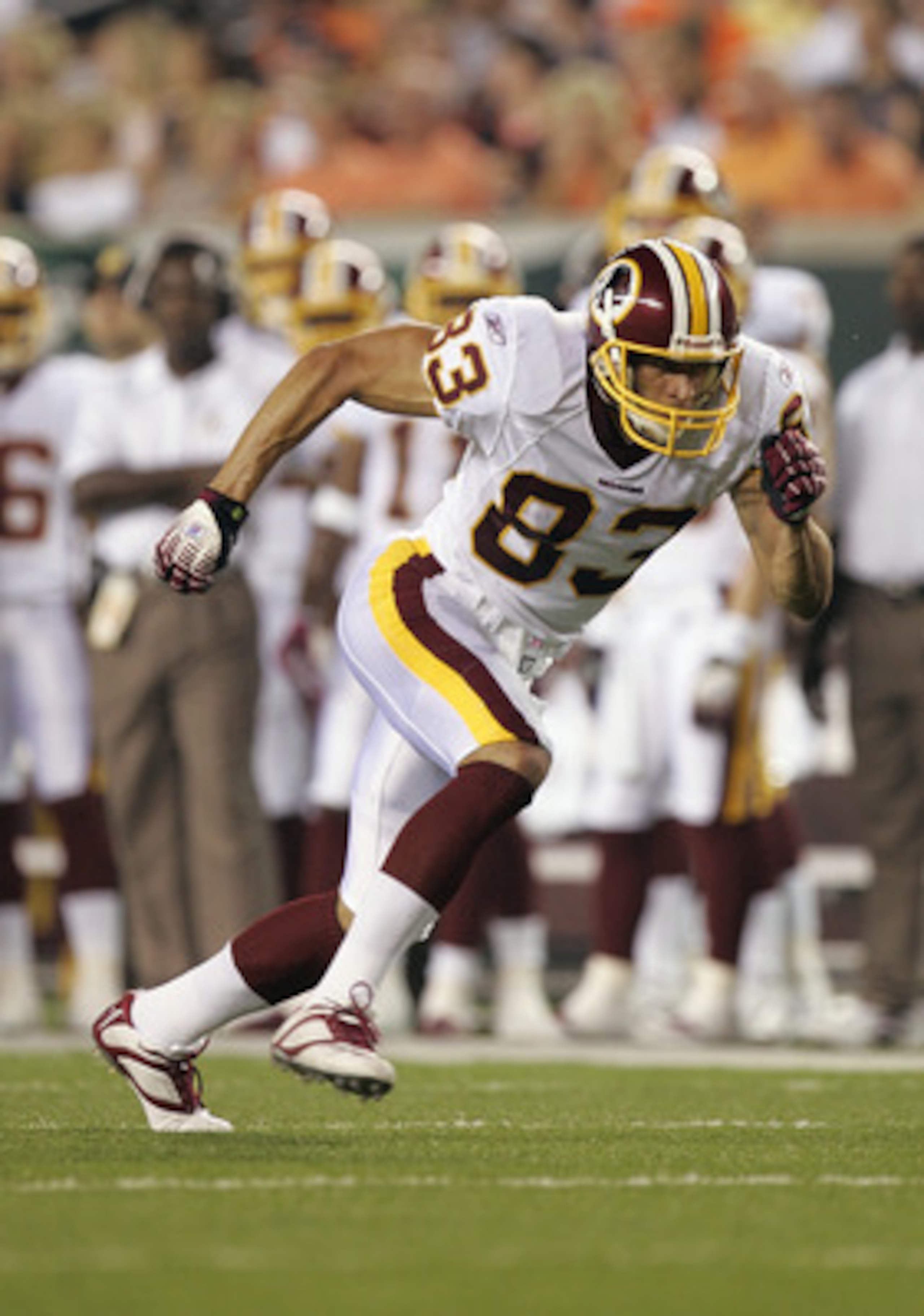 CINCINNATI - AUGUST 13:  James Thrash #83 of the Washington Redskins runs during the NFL preseason game against the Cincinnati Bengals on August 13, 2006 at Paul Brown Stadium in Cincinnati, Ohio. (Photo By Gregory Shamus/Getty Images)