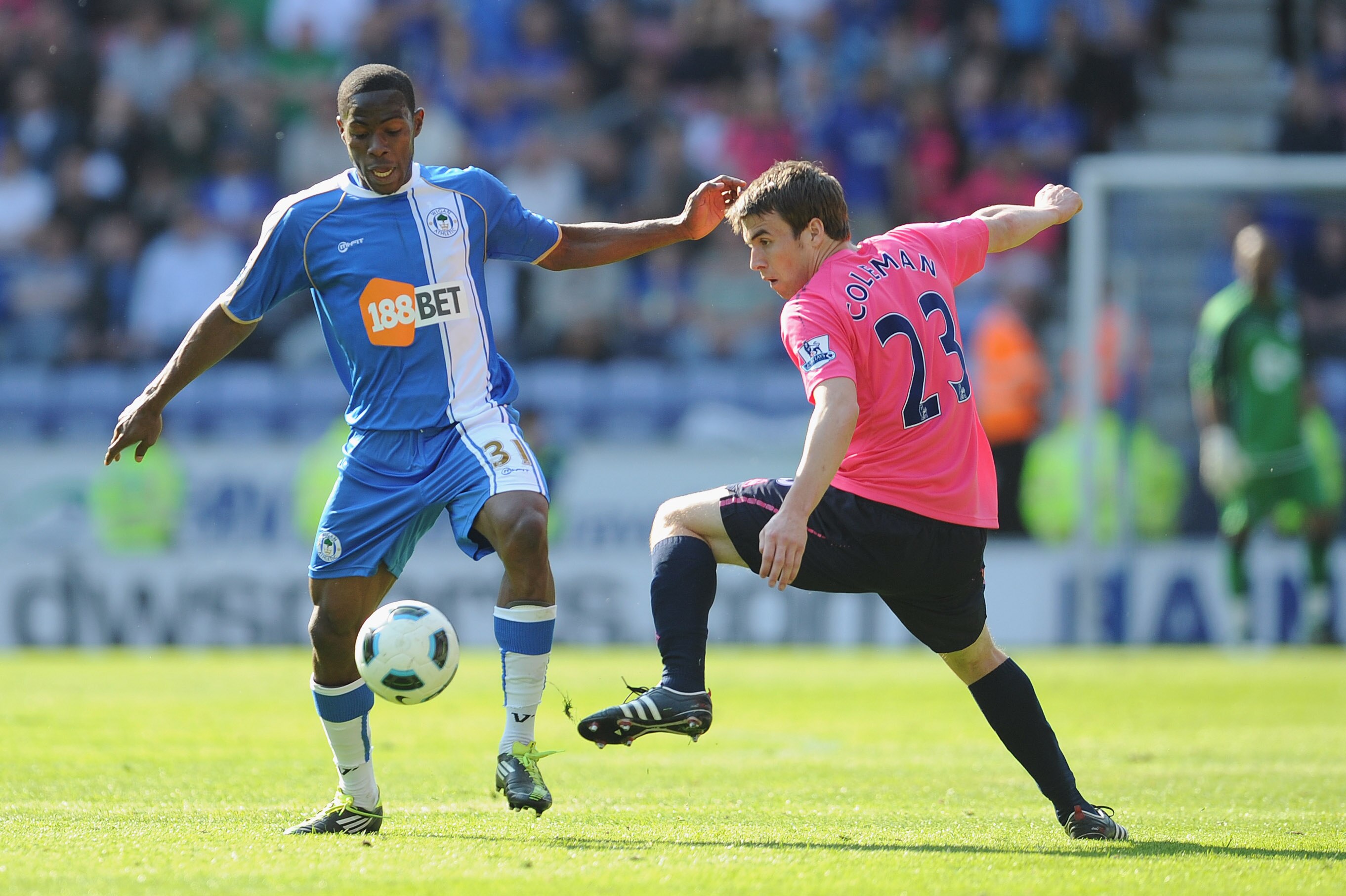 WIGAN, ENGLAND - APRIL 30: Seamus Coleman of Everton in action with Maynor Figueroa of Wigan during the Barclays Premier League match between Wigan and Everton at the DW Stadium on April 30, 2011 in Wigan, England.  (Photo by Michael Regan/Getty Images)