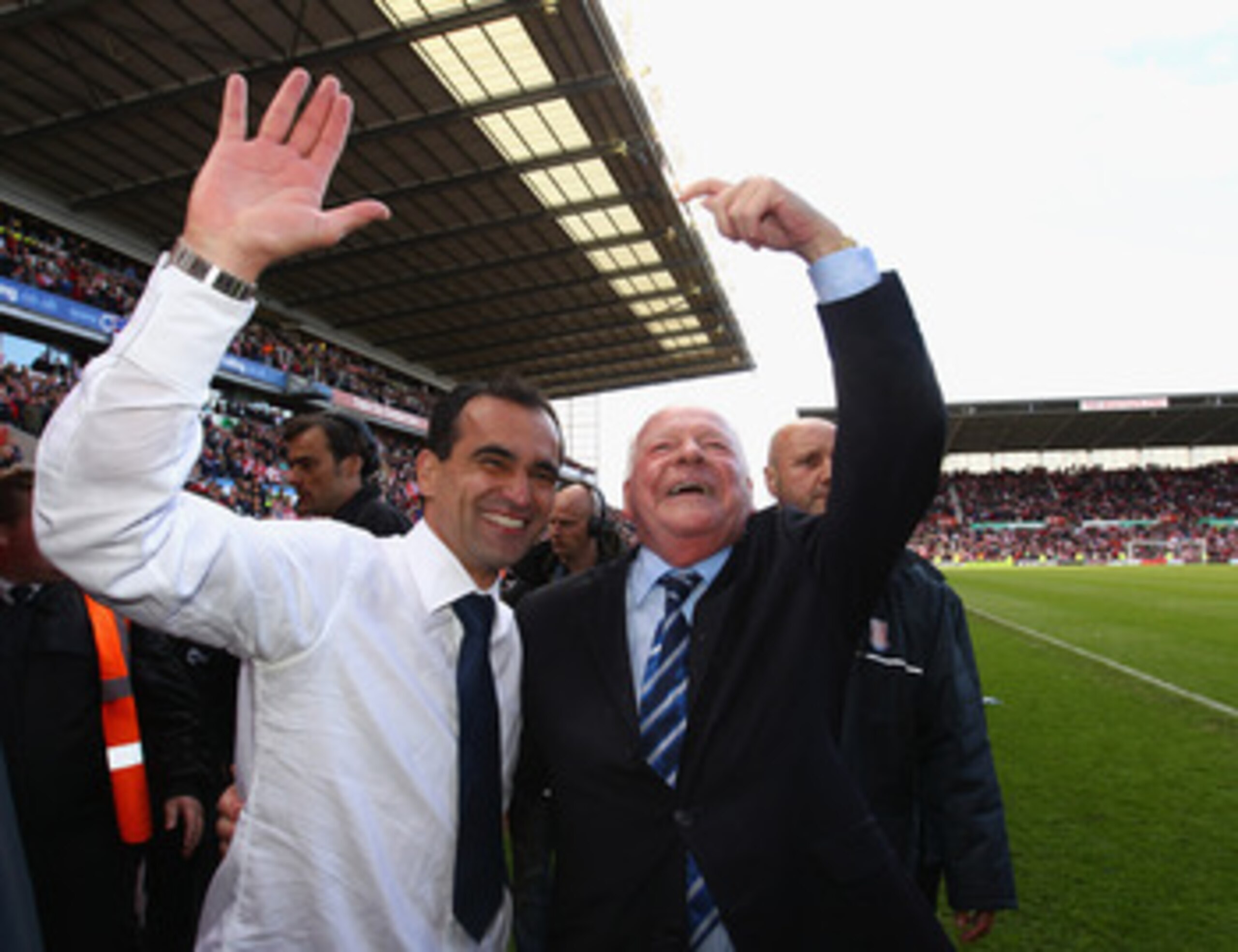STOKE ON TRENT, ENGLAND - MAY 22: Dave Whelan, Chairman of Wigan Athletic and manager Roberto Martinez celebrate after winning 1-0 to keep them in the Premiere League during the Barclays Premier League match between Stoke City and Wigan Athletic at Brita STOKE ON TRENT, ENGLAND - MAY 22: Dave Whelan, Chairman of Wigan Athletic and manager Roberto Martinez celebrate after winning 1-0 to keep them in the Premiere League during the Barclays Premier League match between Stoke City and Wigan Athletic at Brita