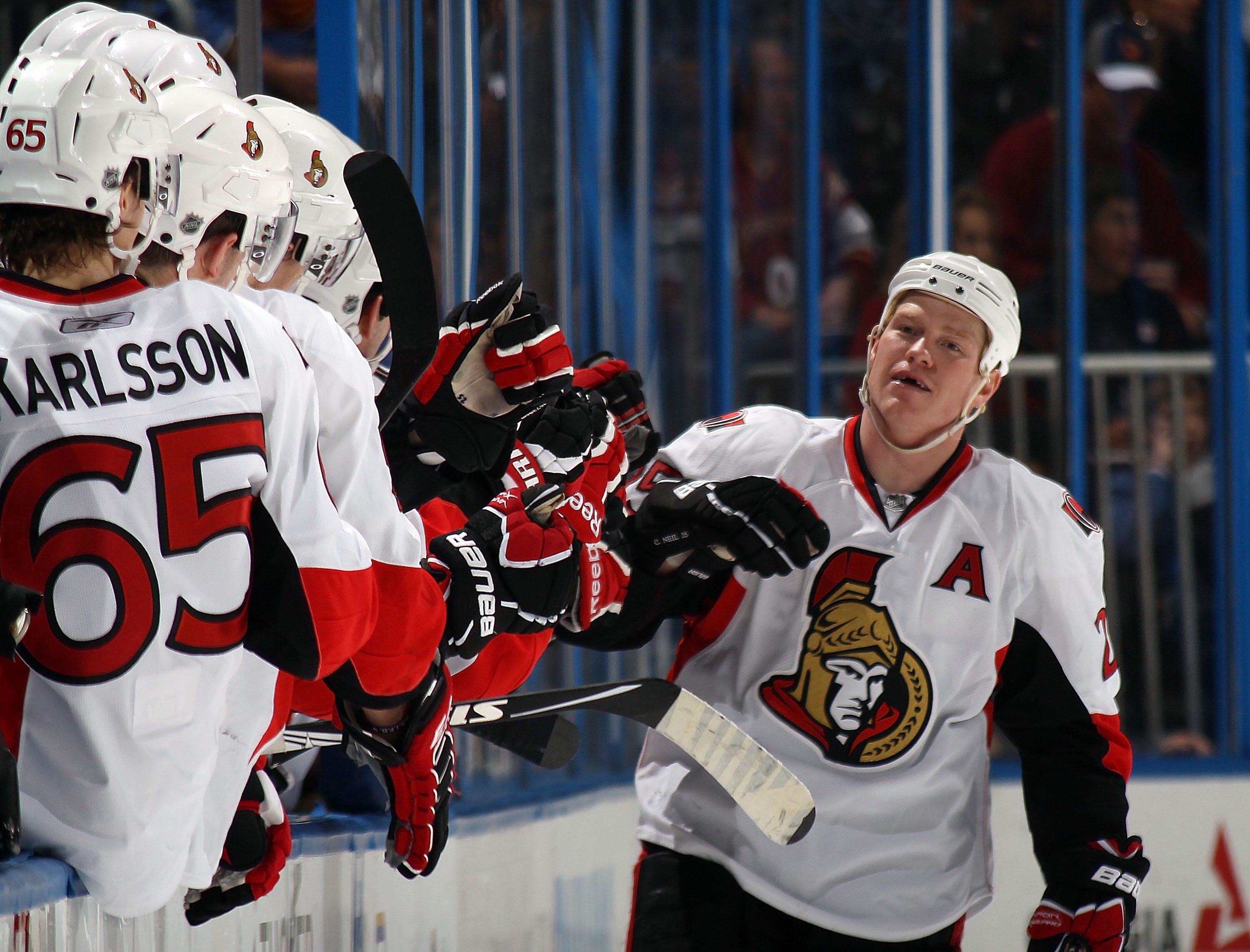 ATLANTA, GA - MARCH 27:  Chris Neil #25 of the Ottawa Senators celebrates his goal at 13:37 against the Atlanta Thrashers at the Philips Arena on March 27, 2011 in Atlanta, Georgia. (Photo by Bruce Bennett/Getty Images)