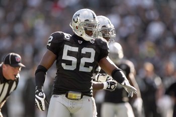 OAKLAND, CA - NOVEMBER 9: Kirk Morrison #52 of the Oakland Raiders looks down the field during the game against the Carolina Panthers at the Oakland-Alameda County Coliseum on November 9, 2008 in Oakland, California. (Photo by Jed Jacobsohn/Getty Images)